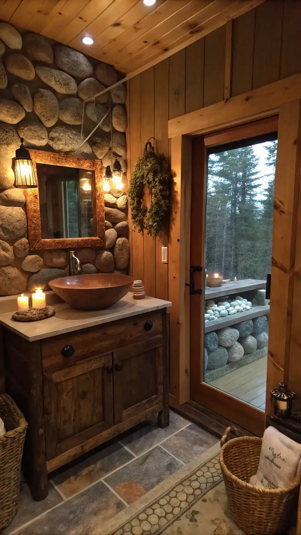 Cozy 5x7ft mountain cabin bathroom at twilight with a river rock shower, glass enclosure, reclaimed timber vanity, hammered copper sink, antique medicine cabinet, and rustic decor like woven grass baskets and a pine cone garland. Warm LED candle sconces provide soft ambient lighting.