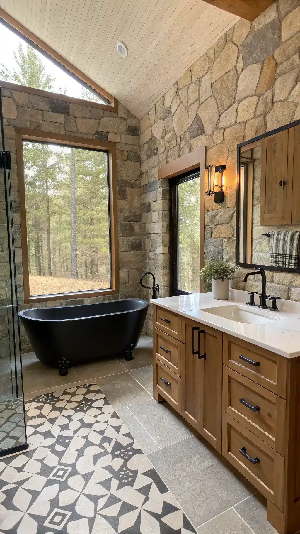 Luxury cabin bathroom with sunlit stone accent wall, freestanding black tub, custom alder cabinets, quartz counters, bronzed glass rain shower, and geometric floor pattern. Warm creams and cool grays with black accents.