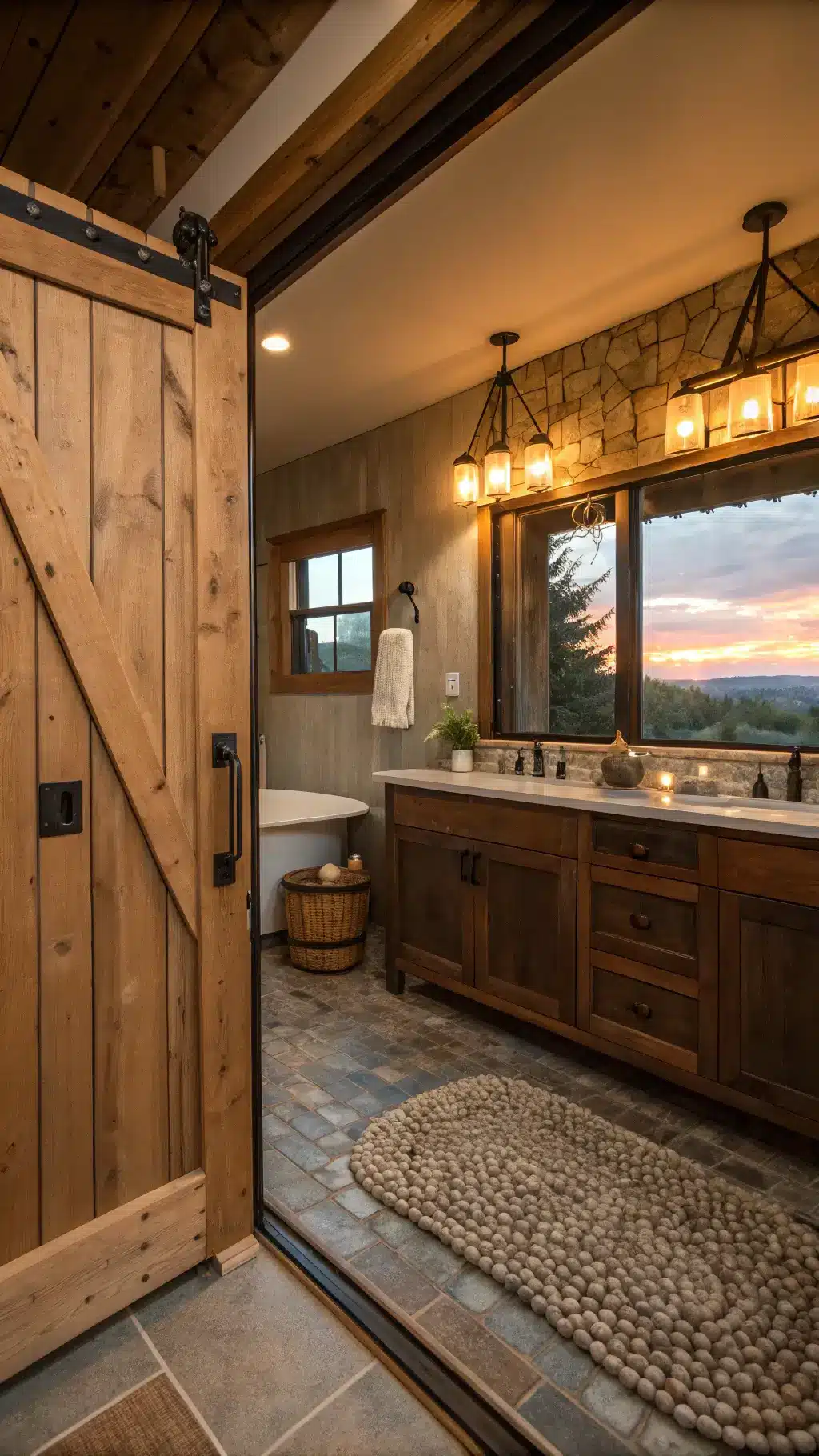 Master cabin bathroom at sunset with distressed oak double vanity, pebble tile floor, and walk-in shower with copper fixtures. A salvaged barn door and vintage trunk add rustic charm, while a backlit mirror and Edison bulbs cast a warm glow.