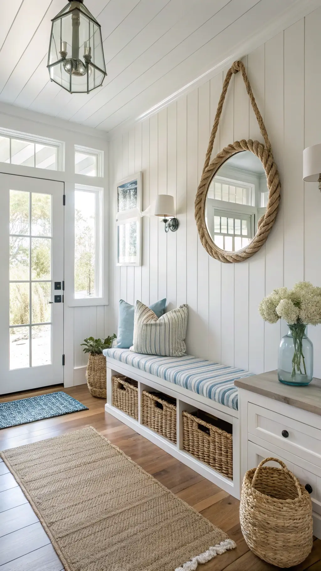 Bright coastal entryway with warm white board and batten walls, a natural fiber runner, and a beach wood console. A round rope mirror hangs above a vase of sea glass. A built-in bench with a striped cushion and storage baskets sits beneath midday light.