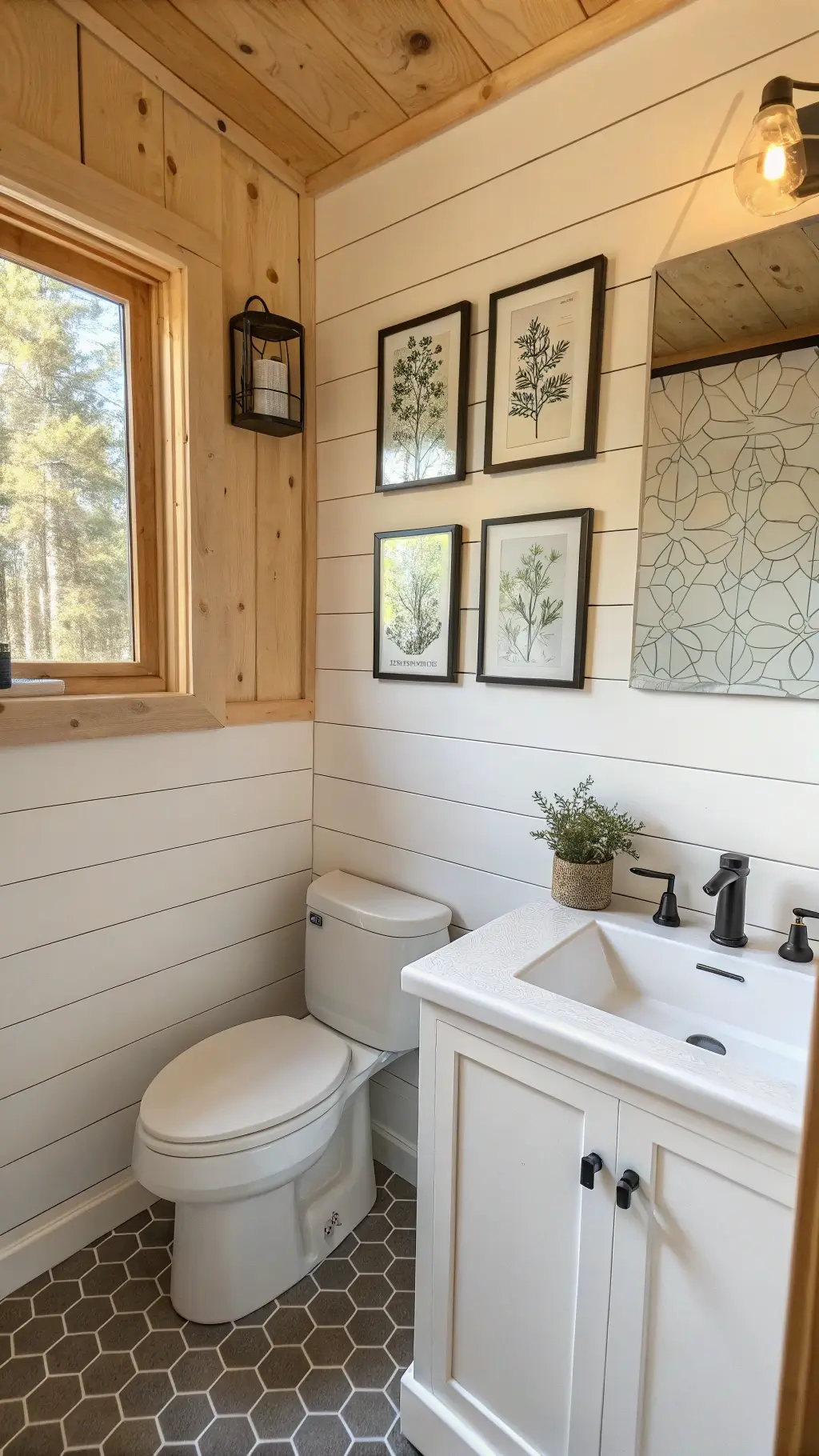 Compact 6x6 ft powder room with white pine tongue-and-groove walls and hexagonal terracotta tile flooring. A live edge wood shelf serves as a minimalist vanity. Asymmetrically arranged botanical prints in black frames adorn the wall. Soft morning light filters through a small window, highlighting warm whites and natural wood tones.
