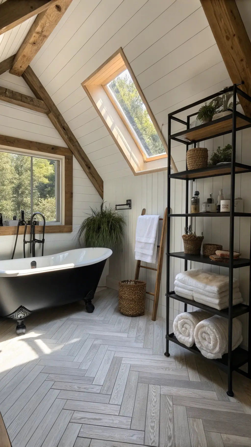 10x10ft cabin bathroom with vaulted ceiling and exposed beams framing a skylight. A matte black clawfoot tub sits on herringbone wood-look tile. Industrial pipe shelving holds white towels and dried botanicals. Bright natural light casts dramatic shadows in a monochromatic space with natural accents.