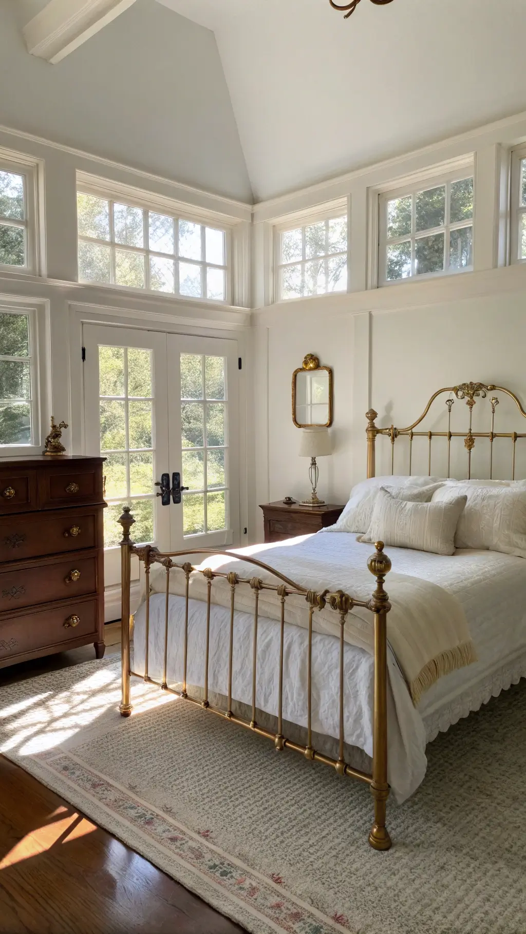 A sunlit 14x16ft bedroom with an ornate 1920s brass bed frame dressed in cream linen. Whitewashed walls contrast with a mahogany dresser adorned with original brass pulls. A gilt-edged oval mirror reflects light above, framed by open space. Tall windows invite morning sunlight, enhancing the serene, airy mood.