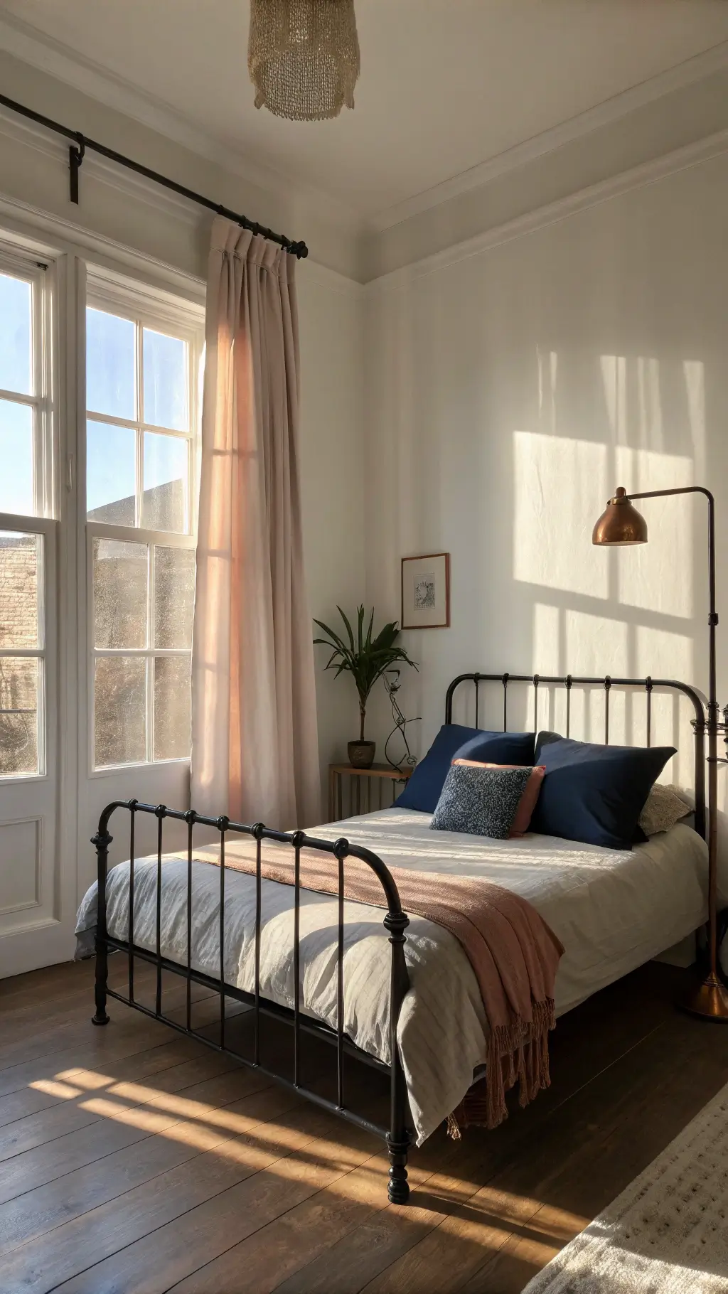 Minimalist bedroom with a black Victorian iron bed frame, warm white walls, navy accent pillows, and a dusty rose throw. Soft afternoon light filters through sheer curtains, casting long shadows. An antique copper floor lamp stands in the corner, adding to the calm, contemplative atmosphere.