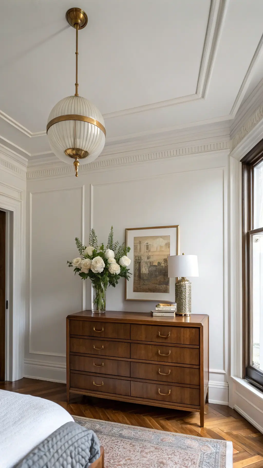 Master bedroom at golden hour with 12-foot ceilings and original crown molding. A restored walnut Art Deco dresser on the east wall holds a vintage mercury glass vase with white peonies. An aged brass pendant light hangs overhead. Warm natural light enhances the room’s sophisticated and tranquil ambiance.