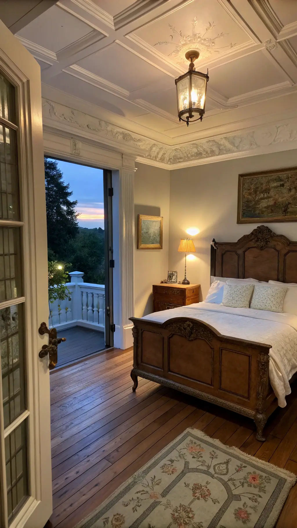 A cozy 15x17ft bedroom at dusk with a French provincial bed frame, crisp white bedding, and a vintage quilted pillow. An antique chest with patina sits in the corner, adorned with a modern ceramic lamp. The soft glow of warm artificial lighting enhances the refined ambiance. Shot from the doorway with a 35mm lens.