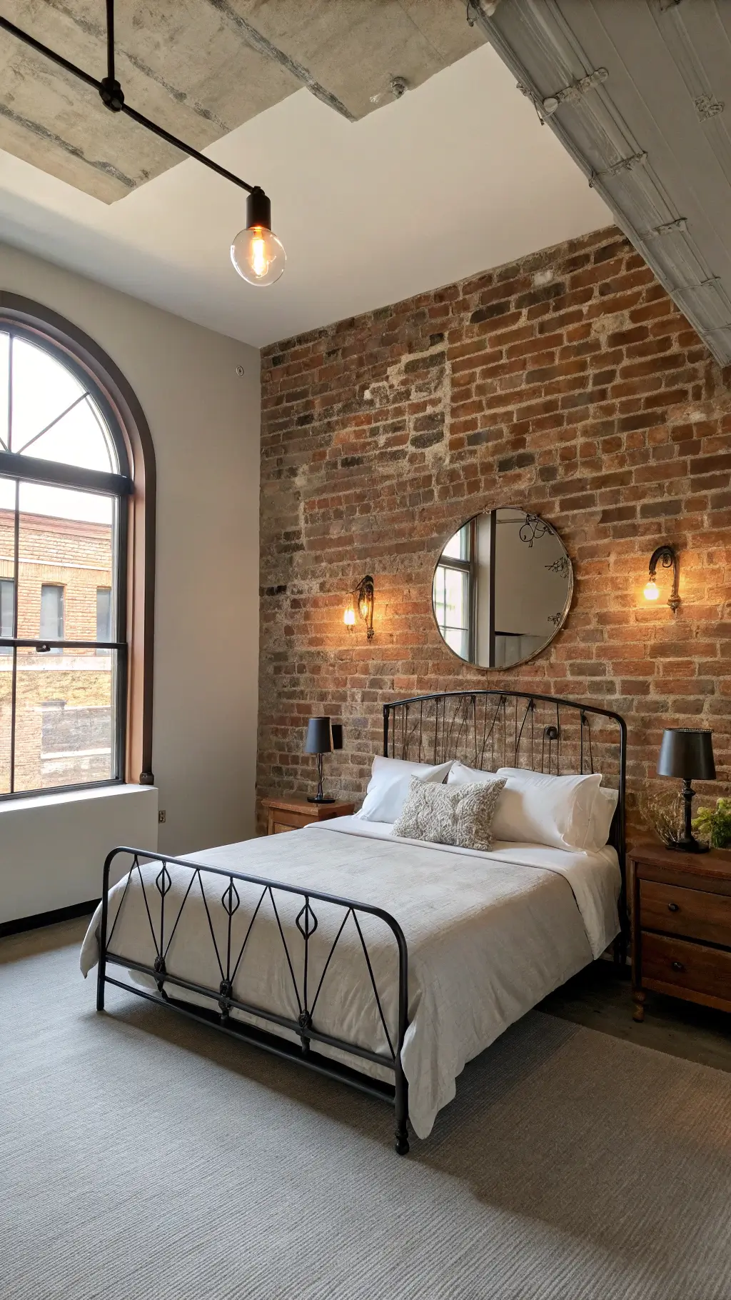 A sunlit loft bedroom with an exposed brick and plaster wall. A curved-top mirror is flanked by vintage wall sconces. A low-profile bed with an antique wrought iron headboard sits beneath soft natural light, creating an urban sophisticated atmosphere.