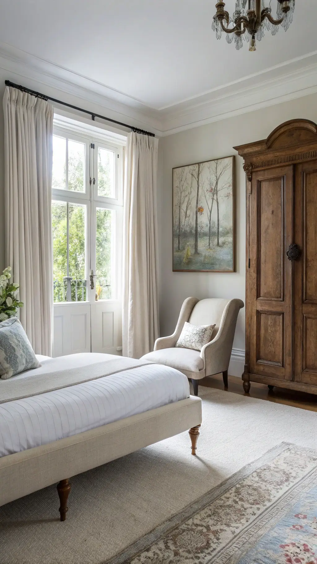 Contemporary bedroom with Victorian accents, featuring a neutral linen chaise beneath a modern abstract canvas. A white platform bed faces a weathered oak antique armoire. Soft natural light filters through sheer curtains, creating a balanced and inviting atmosphere.