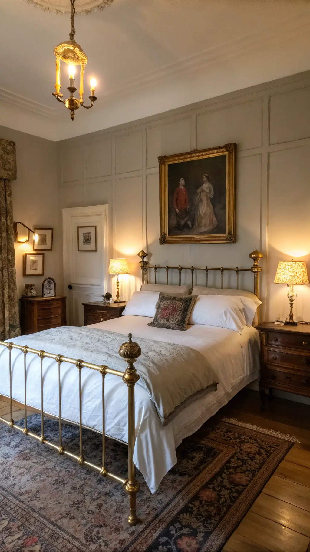 Classic bedroom with a brass bed frame in warm early evening light, dressed in layered white linens. A vintage oil painting hangs above, flanked by simple sconces. Antique side tables with modern lamps provide balance. The low camera angle emphasizes the 10-foot ceilings, with mixed warm artificial and natural light creating an intimate, refined mood.