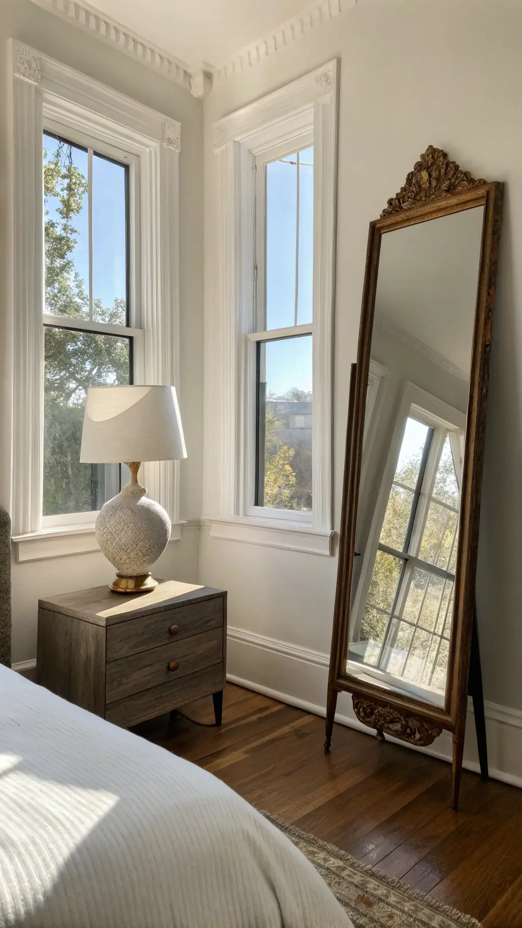 Minimalist bedroom with morning light, vintage 1920s mirror, and a ceramic lamp on a modern nightstand.