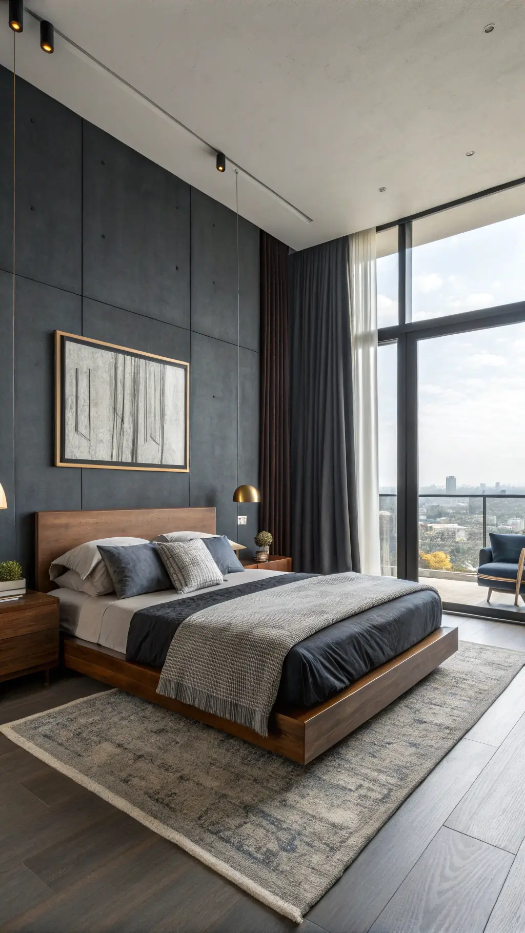 Minimalist 14x16ft bedroom with early morning light through charcoal linen curtains. Espresso-stained oak platform bed against matte navy wall, dressed in black bedding with silk and knit textures. Floating blackened steel and white marble nightstands. Oversized black/white/gold abstract canvas above bed. Polished concrete floors with plush charcoal rug. Ambient LED glow under bed. Serene and sophisticated atmosphere.