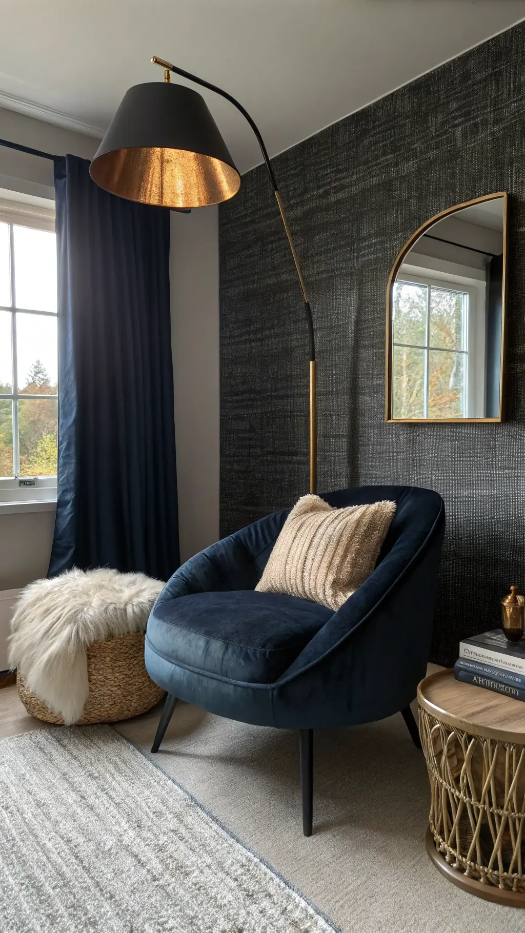 Intimate modern bedroom corner at golden hour with a black reading lamp, slate velvet armchair, and textured black grasscloth wallpaper. A round mirror reflects warm light, while layered textiles, including a woven leather pouf and Mongolian fur throw, add depth. A low-angle shot captures rich textures with warm, moody illumination.