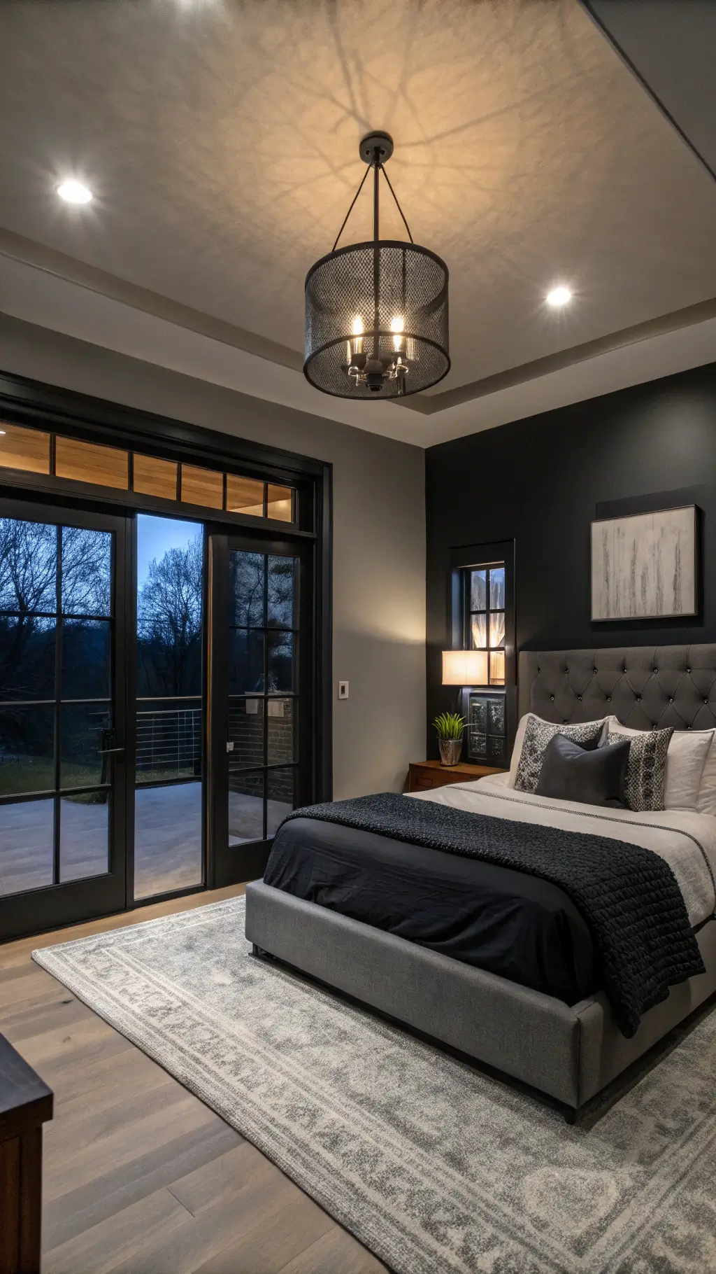 Dramatic bedroom at dusk with a 10ft charcoal ceiling, obsidian linen king bed, gradient pillows, asymmetrical black metal pendant light, and floor-to-ceiling mirrors reflecting the indigo sky. Matte black built-in storage blends into walls. Warm LED accents mix with fading natural light for a mysterious luxury ambiance.