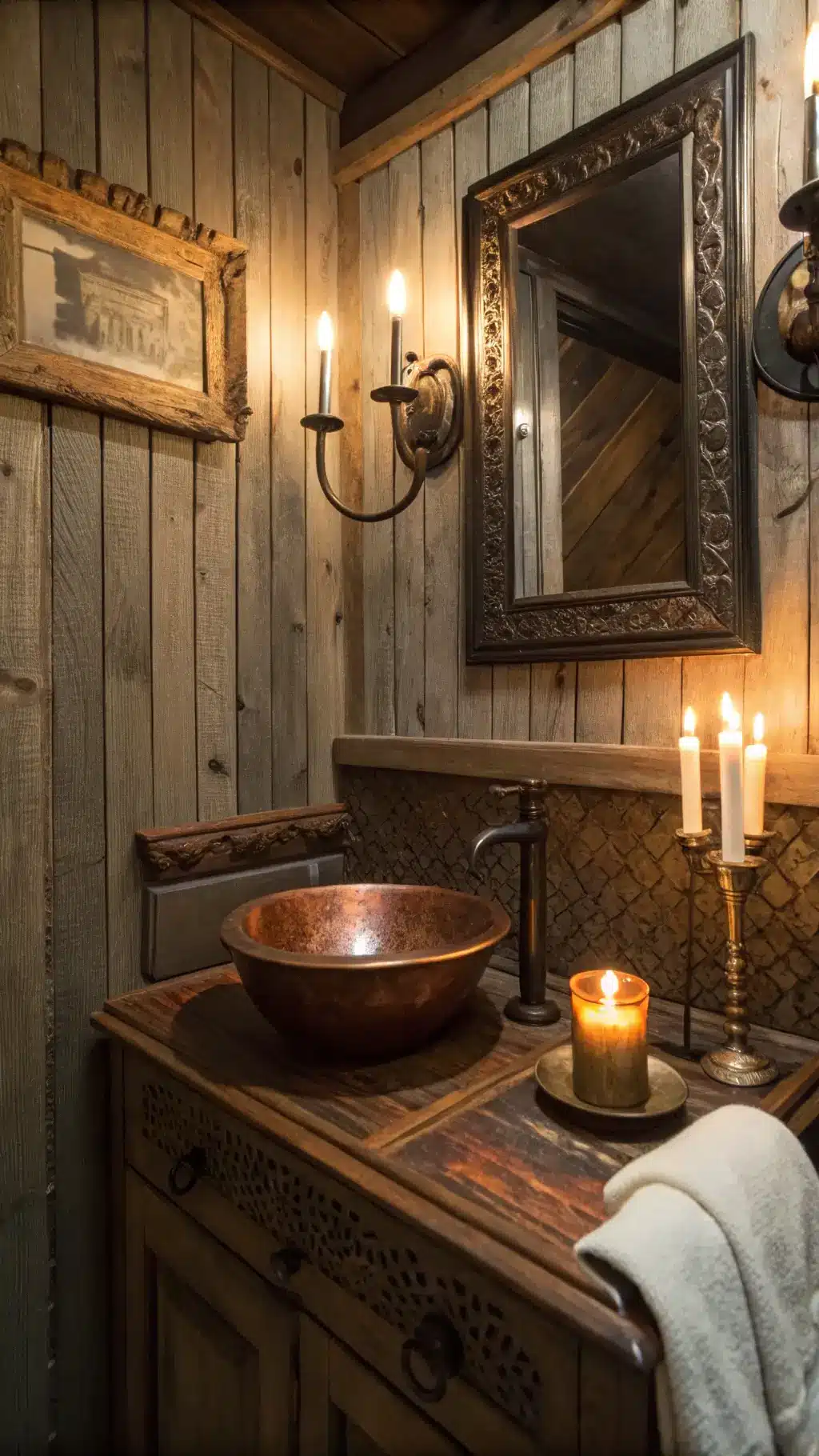 Intimate 5x6ft cabin powder room lit by warm candlelight, featuring reclaimed wood wainscoting and textured grasscloth wallpaper. An antique washstand repurposed as a vanity holds a copper bowl sink. A vintage mirror collection adorns the feature wall, reflecting the flickering light. Close-up shot highlights rich earth tones, metallic accents, and layered textures in a moody, atmospheric setting.