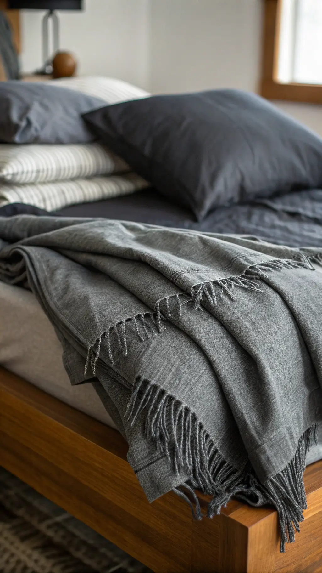 Close-up of layered bedding in morning light, featuring a charcoal linen duvet, black silk pillowcases, and a slate gray cashmere throw with contrast stitching. The fabrics' textures are highlighted by soft side lighting, with an ebonized oak platform bed frame visible at the edge.