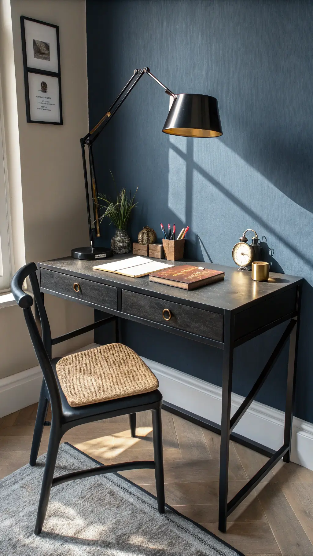 Bedroom workspace nook with floating blackened steel desk and leather inlay, black frame chair with woven leather seat, and matte black task lamp. Navy grasscloth wall with dramatic afternoon shadows. Minimalist decor includes black marble pencil holder, brass clock, and leather notebook. Symmetrical composition with natural side lighting.