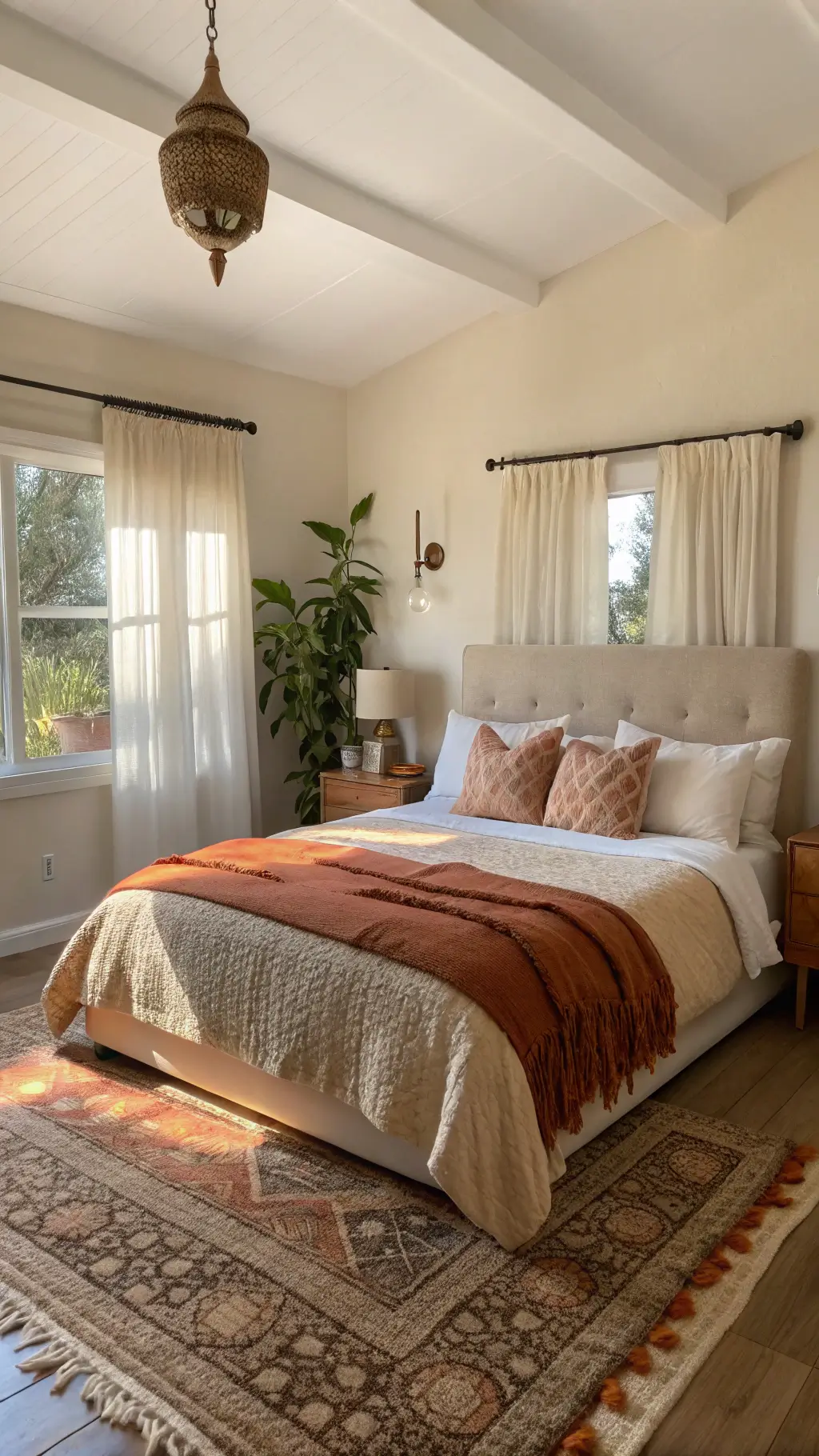 A cozy 14x16ft bedroom bathed in golden hour light through gauzy linen curtains, featuring a queen bed with cream linen and terracotta knit throws. Aged brass sconces frame a beige upholstered headboard, while a jute rug and vintage Persian runner layer the floor. A fiddle leaf fig sits in the sunlit corner.
