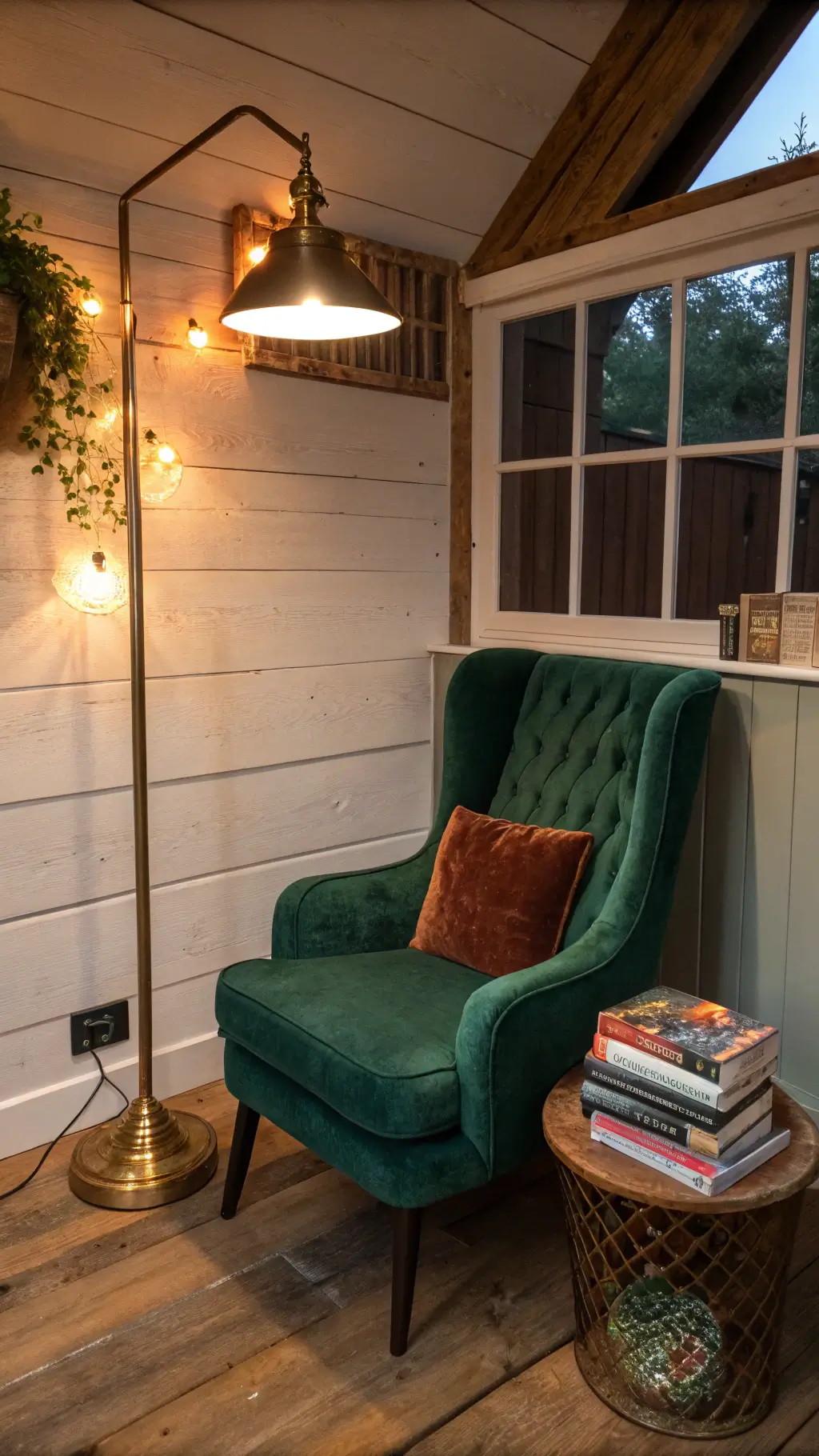 Cozy reading nook at dusk with a deep green velvet armchair beside a brass floor lamp, casting warm light on a stack of worn books atop a rustic oak side table. Copper string lights glow overhead, highlighting the rich textures of wood and fabric in the dim ambiance.
