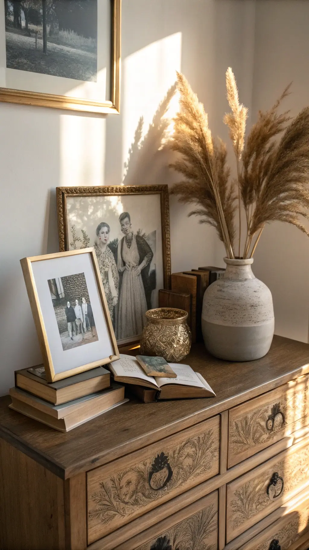 A warmly lit bedroom dresser adorned with black and white family photos in brass frames, a handmade ceramic vase with dried pampas grass, and vintage hardcover books. Soft morning light from the left casts dramatic shadows, with a blurred background adding depth.