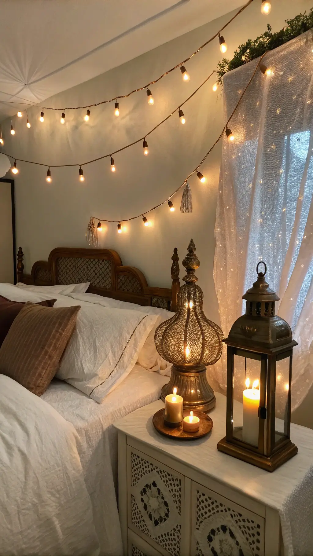 Warmly lit bedroom with vintage brass table lamps casting soft light on linen bedding, copper string lights draped overhead, and candlelight flickering in antique holders, creating a cozy ambiance.