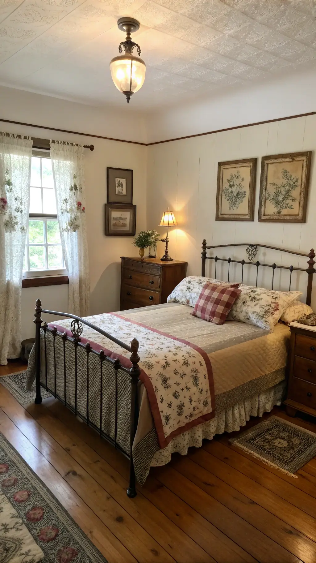 Cozy vintage-inspired bedroom with an antique iron bed frame, mixed-pattern linens in earth tones, and a Victorian dresser. Soft afternoon light highlights original hardwood floors, crown molding, and a thrifted brass floor lamp. Photographed from a high corner angle for a layered, nostalgic feel.