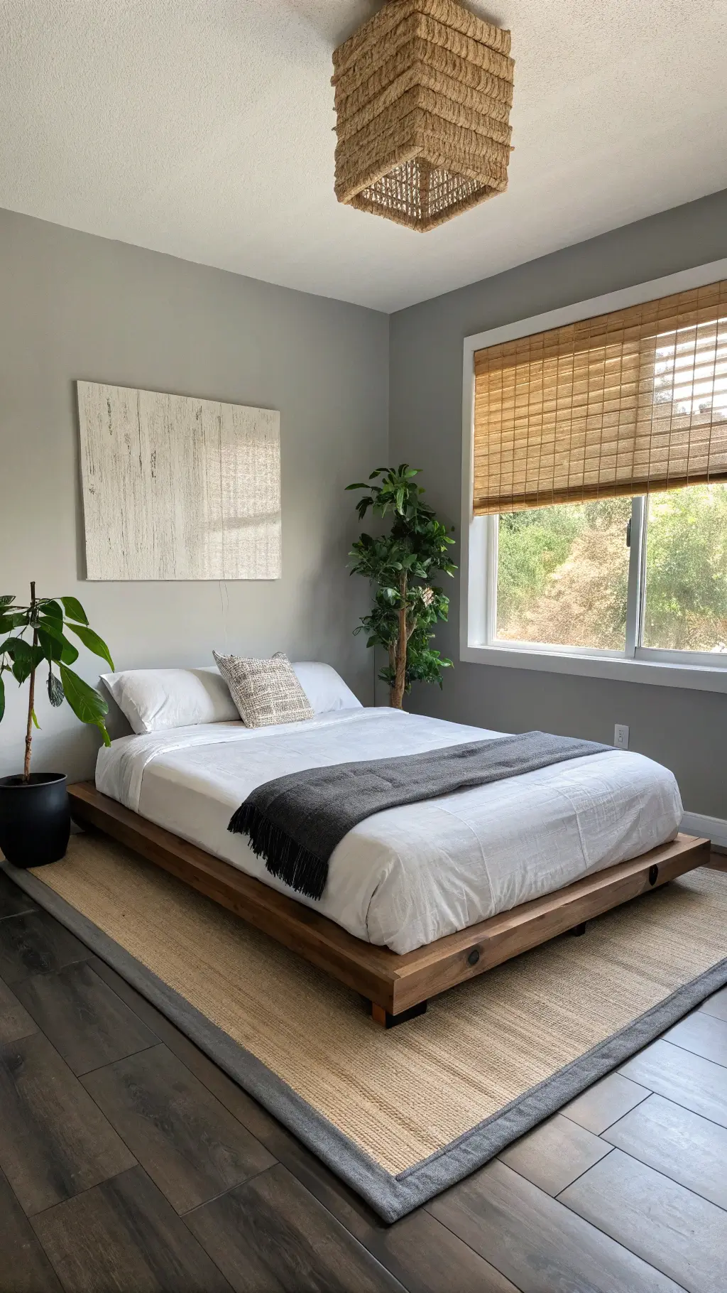 Minimalist Zen bedroom with a floating platform bed centered on a warm grey wall, dressed in white bedding with a single charcoal throw. A ZZ plant in a matte black pot sits beside a floor-to-ceiling window with a natural bamboo roman shade filtering soft morning light. The clean, symmetrical composition enhances the calm, minimalist aesthetic.
