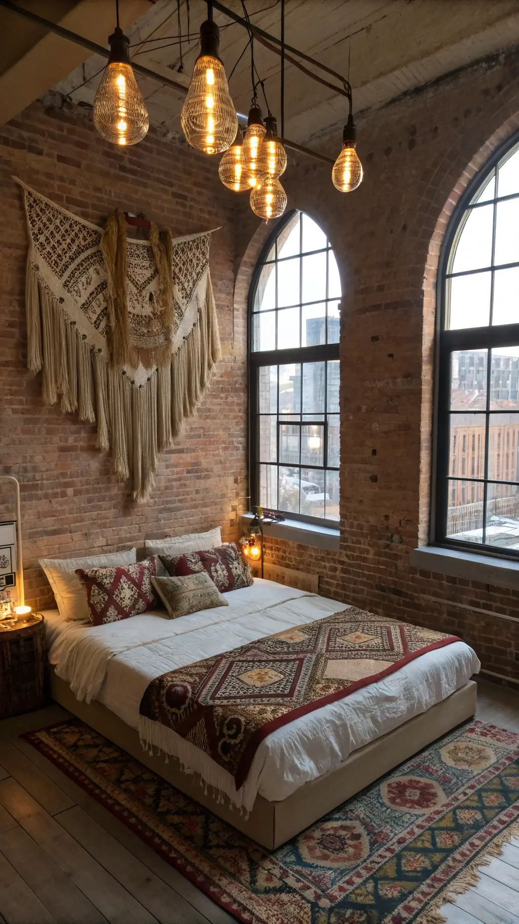 Bohemian-style bedroom with exposed brick wall and arch windows, featuring a low-profile bed adorned with Moroccan textiles, embroidered pillows, and a macramé wall hanging. Clustered pendant lights with brass details cast a warm glow. The elevated corner angle highlights rich texture layers in golden hour lighting.