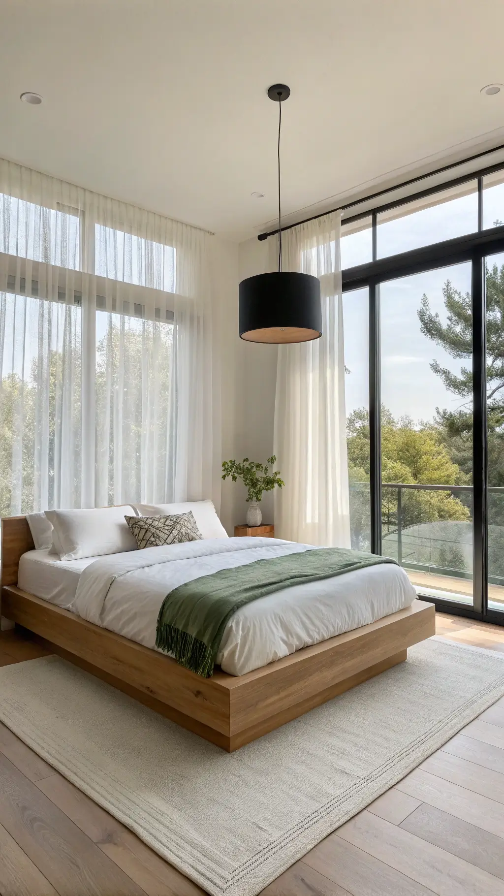 A minimalist 12x14ft bedroom with morning light streaming through floor-to-ceiling windows with sheer white linen curtains. A low-profile natural oak platform bed with crisp white linens and a sage green throw sits centered. A matte black cylindrical pendant light hangs asymmetrically. Ivory walls and soft shadows enhance the serene atmosphere.