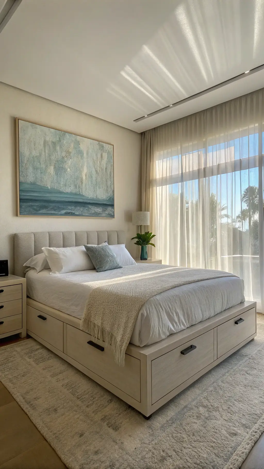 Morning sunlight streams through sheer curtains in a minimalist bedroom, highlighting a king bed with storage drawers and ivory organic cotton bedding. A large abstract canvas in muted blues hangs above, with soft natural light enhancing the neutral textures.