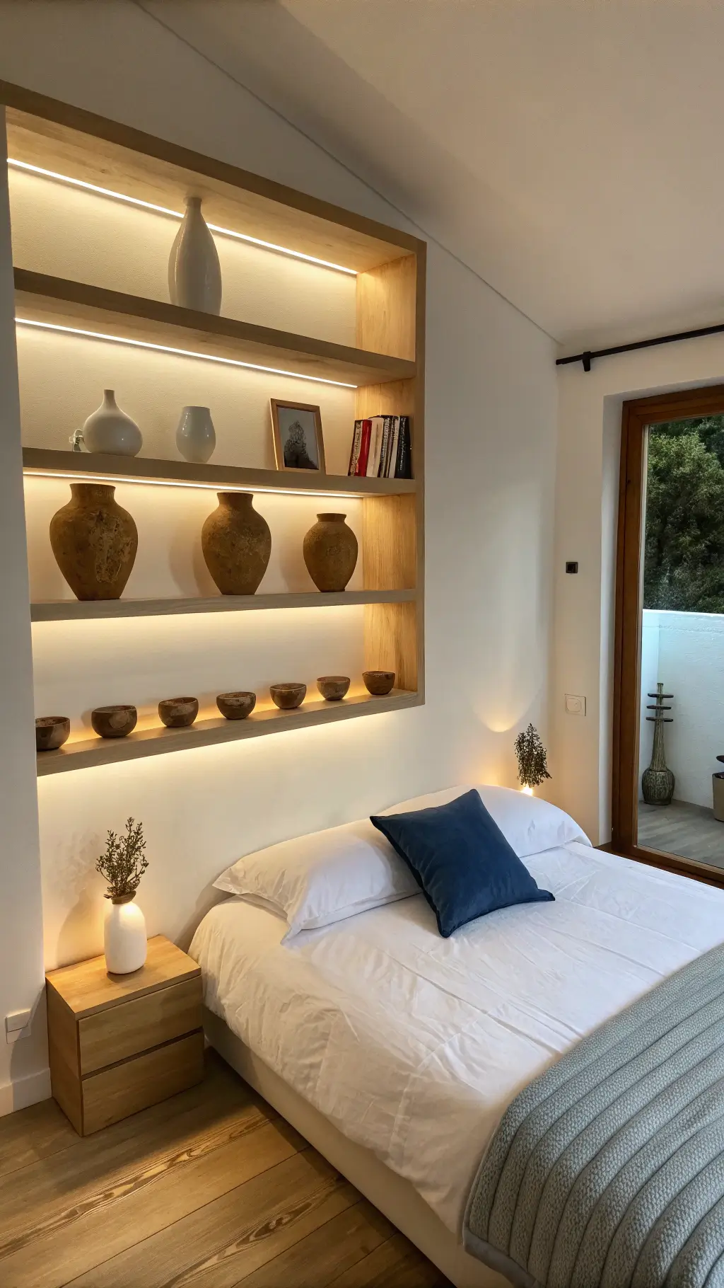 Minimalist 11x13ft bedroom at golden hour with warm white walls, white oak floating shelves holding three ceramic vessels, and a bed with hotel-style white bedding and a dusty blue lumbar pillow, shot from above at a 45-degree angle.
