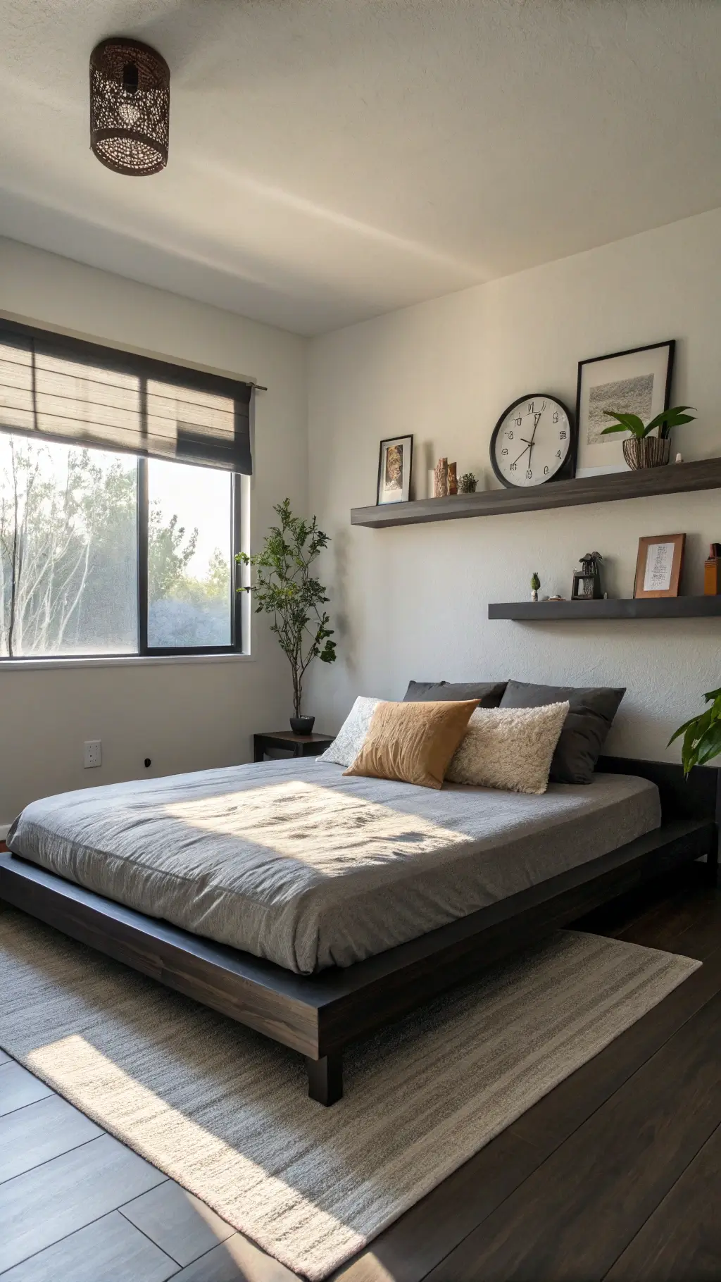 Zen-inspired bedroom with a low charcoal bed, three warm white pillows, and a floating shelf holding a minimalist clock and air plant. Soft morning light enhances the spaciousness.