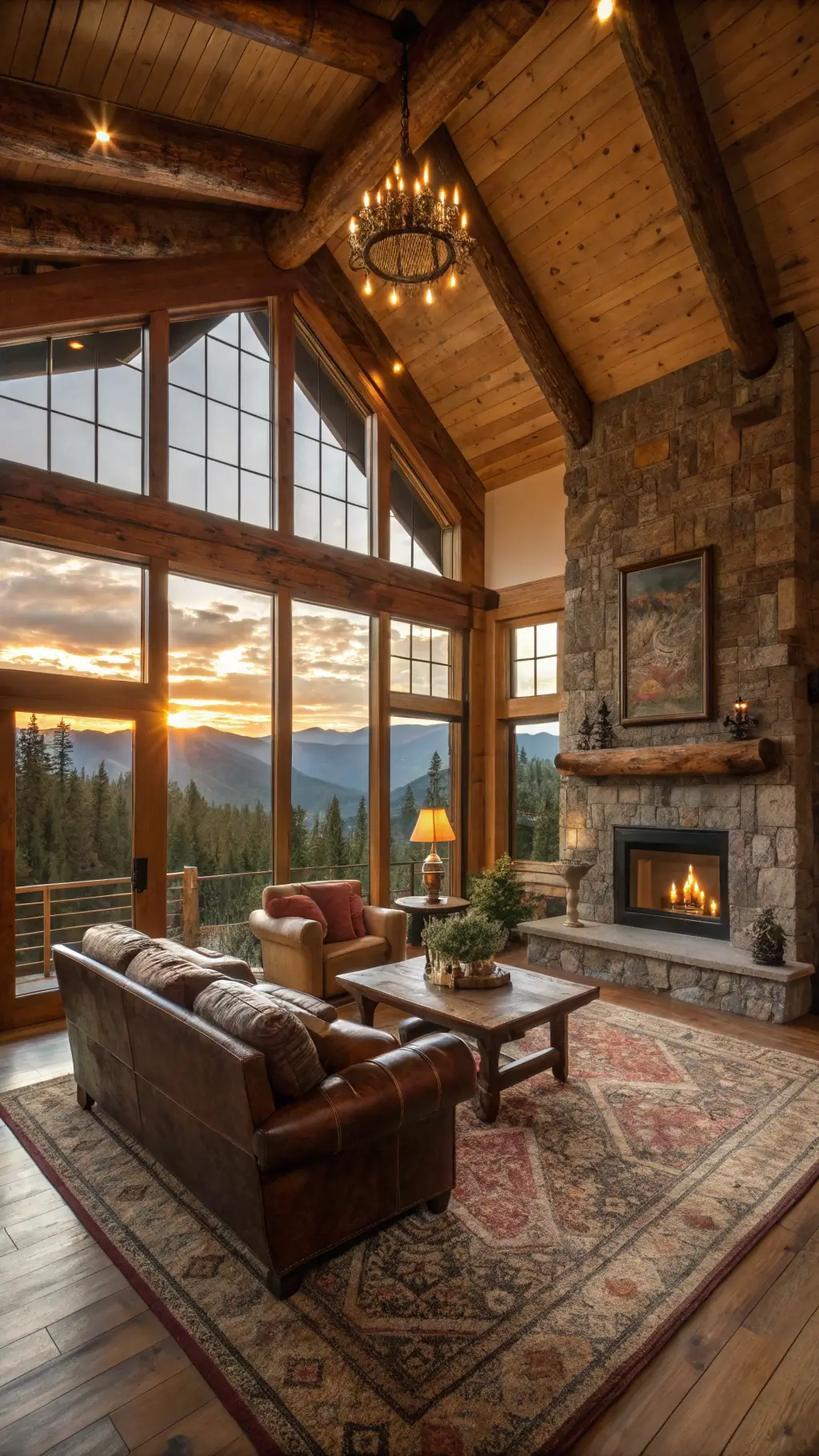 Dramatic mountain cabin living room bathed in late afternoon golden light. Spacious 20x24ft area with exposed wooden beams and floor-to-ceiling windows. A natural stone fireplace with a chunky reclaimed timber mantel dominates the west wall. A cognac brown leather Chesterfield sofa anchors the room, flanked by two forest green wool-upholstered armchairs. Layered vintage Kilim rugs add warmth beneath a massive raw-edge walnut coffee table. Copper lantern-style pendant lights cast a soft glow. The shot captures depth and texture, highlighting the cozy, rustic ambiance.