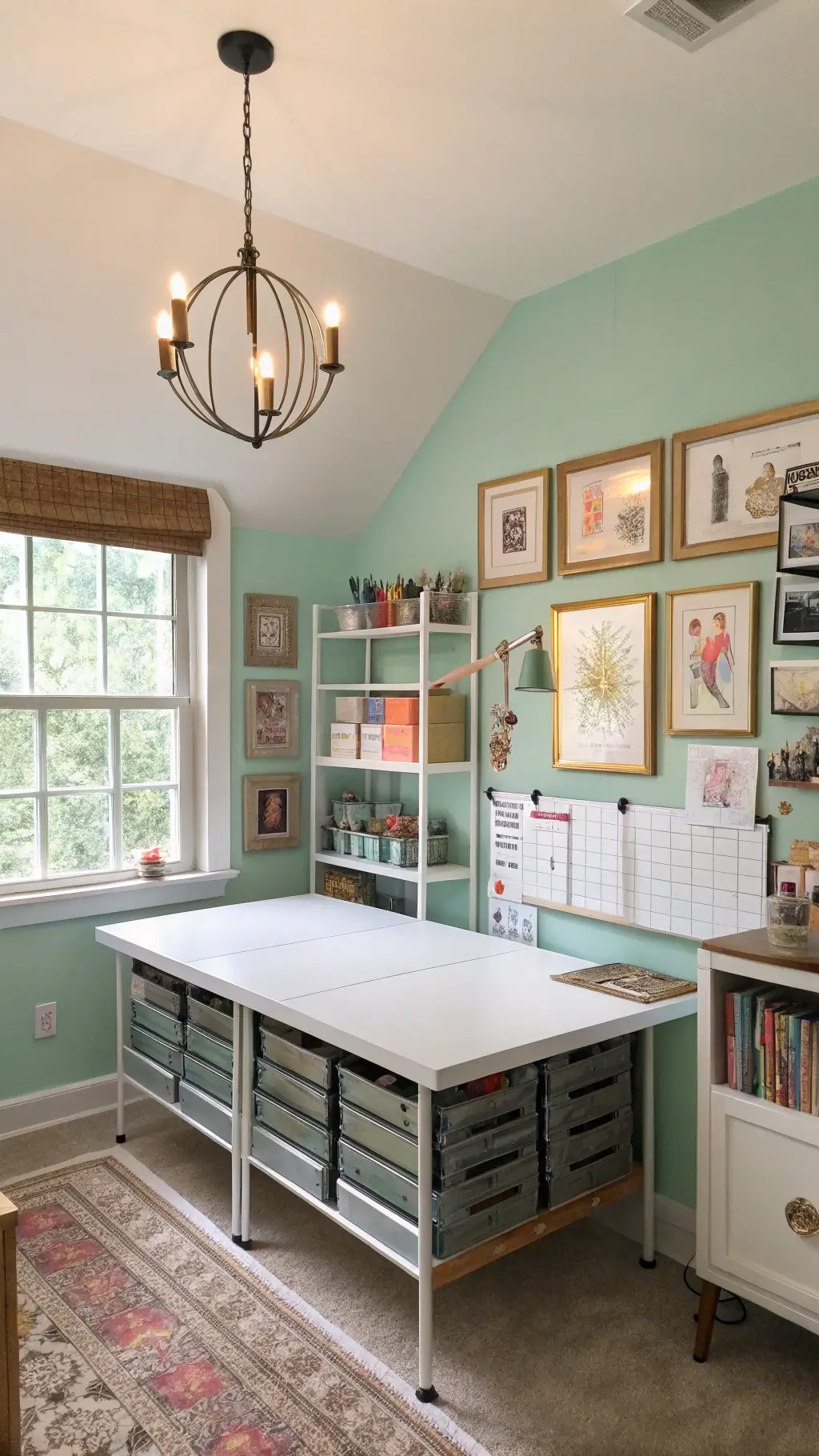 Bright craft studio with built-in storage, industrial metal shelving, and a white work table under a sputnik chandelier. Mint green accent wall contrasts with white cabinetry. Vintage art prints in brass frames on a gallery wall. Organized supplies and in-progress projects styled in a well-lit space.