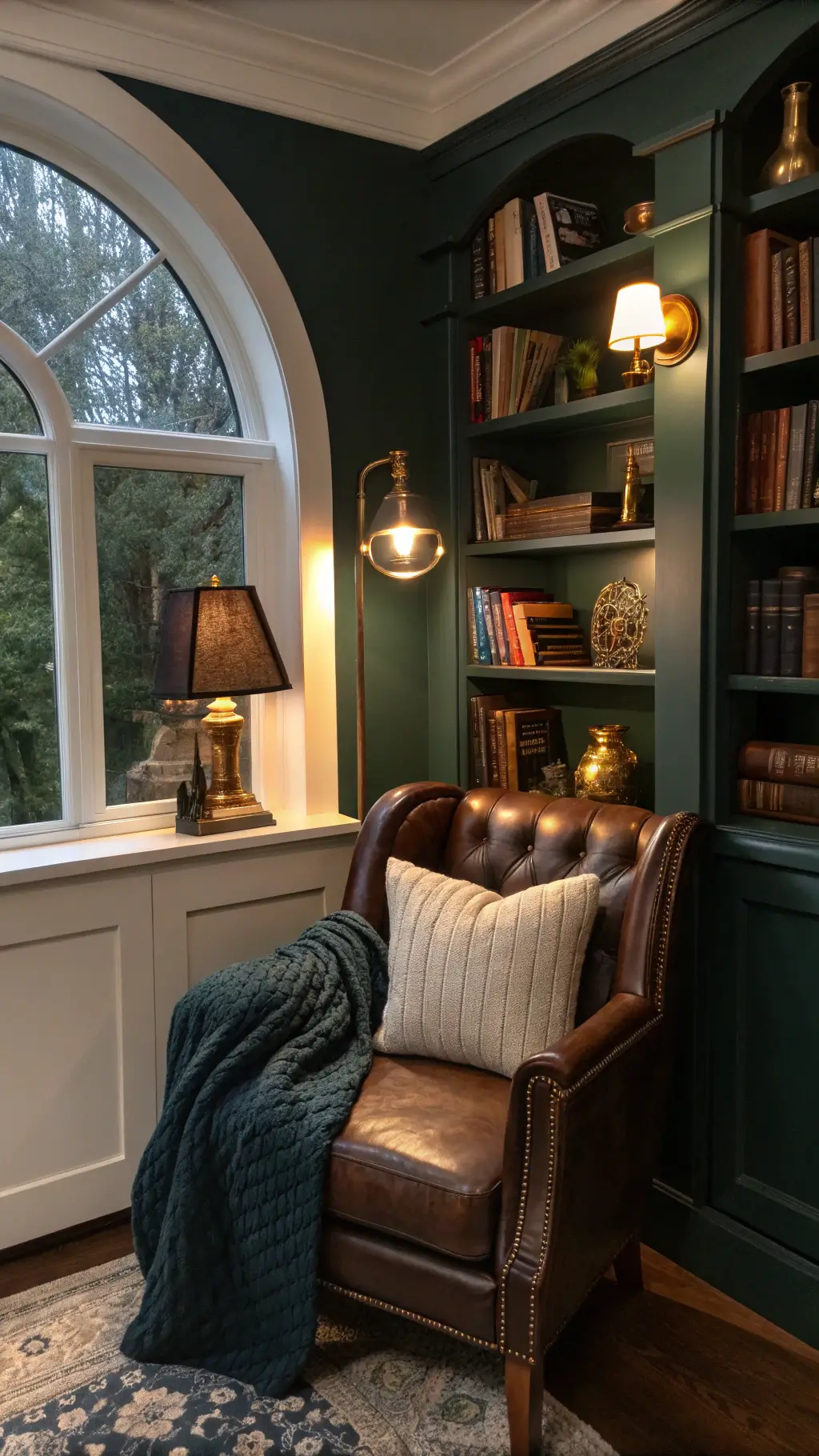 Cozy reading nook with an arched window seat at dusk, illuminated by a warm table lamp. An oversized leather armchair with a chunky knit throw and velvet pillows sits beside built-in bookshelves filled with vintage books and brass accents. Deep forest green walls contrast with crisp white trim, creating a moody, intimate atmosphere. Soft-focus background enhances the rich textures and layered details in the foreground.