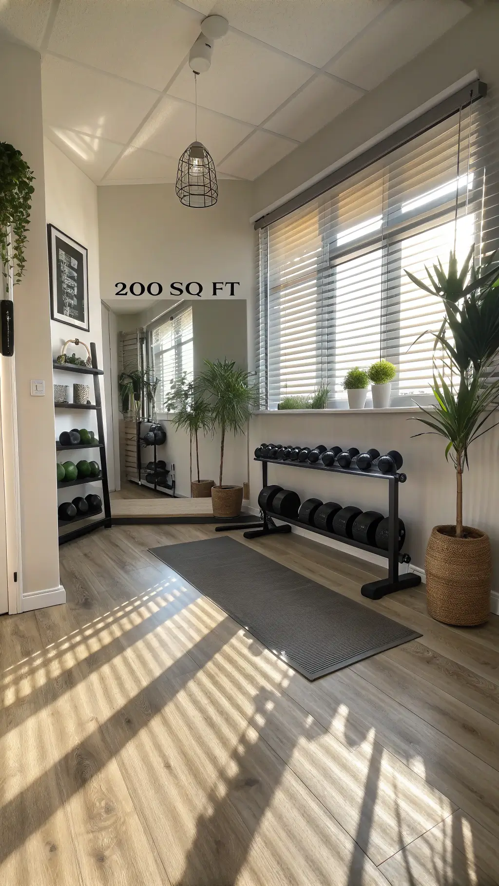 Modern home gym with mirrored wall, light oak flooring, and early morning sunlight casting shadows through slatted blinds. Matte black weights on floating shelves, motivational typography print on white walls, and large potted plants for a balanced aesthetic. Cool LED strips enhance the industrial-meets-zen design in a spacious, minimalist setting.