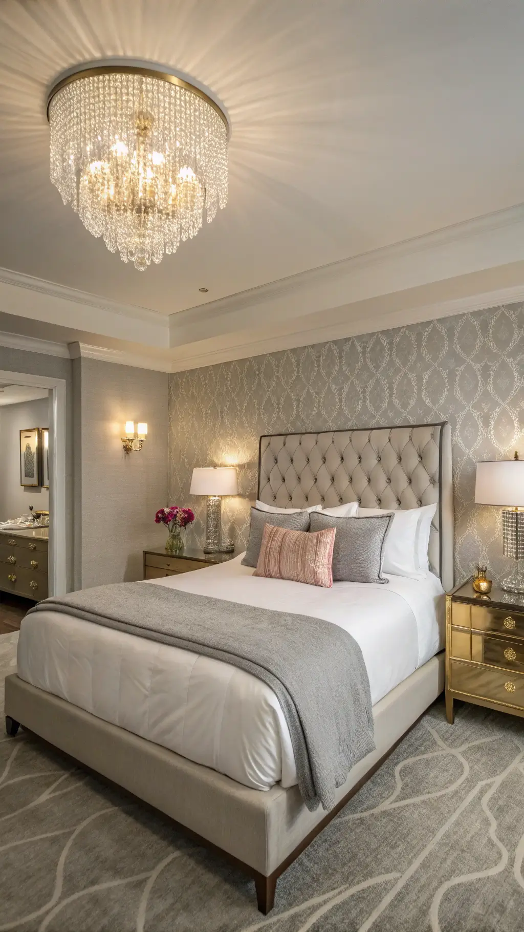 Luxury guest suite with queen bed, hotel-white linens, blush and grey accents, tray ceiling, crystal chandelier, modern sconces, lucite side tables, brass lamps, and pale grey grasscloth wallpaper.