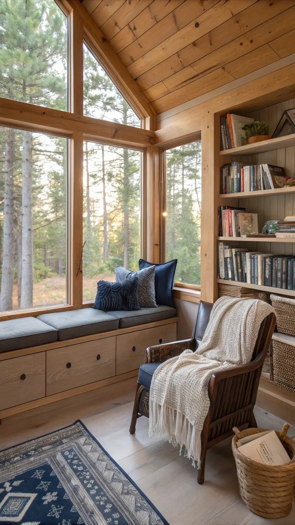 Intimate cabin reading nook with a built-in window seat, navy cushions, and oak shelves filled with books. Morning light streams through a bay window overlooking a pine forest. A vintage leather chair sits nearby with chunky knit throws, and a woven basket of firewood rests beside it.