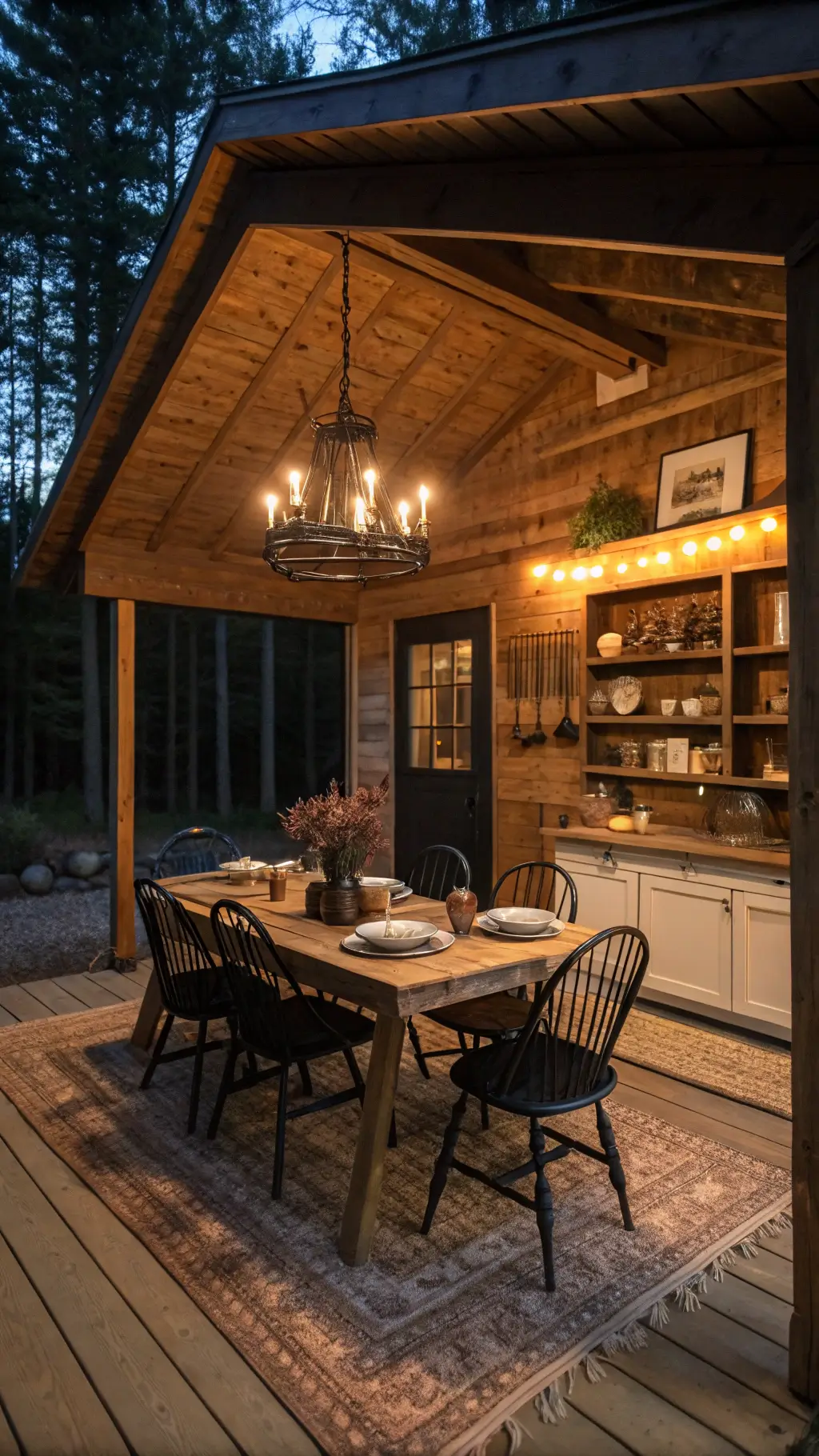 Cozy cabin dining space at dusk with a rustic farmhouse table seating eight, surrounded by vintage matte black Windsor chairs. A salvaged timber accent wall adds warmth, while an oversized iron chandelier with Edison bulbs casts a moody glow. A textured sisal rug lies beneath the table, and copper cookware is displayed on open shelving. Low camera angle emphasizes the inviting table setting.