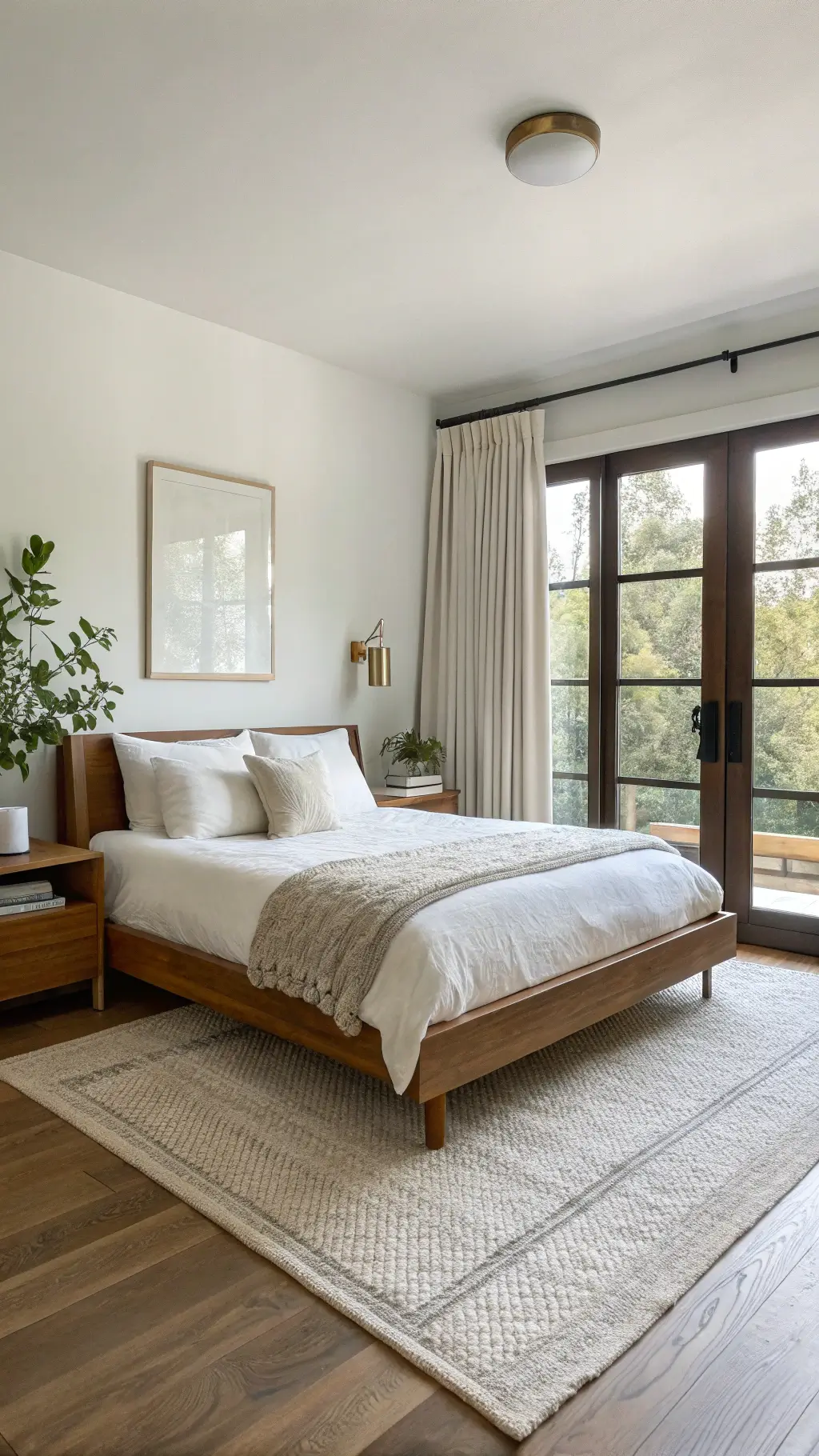 Minimalist 14x16ft bedroom with oak platform bed, cloud-white linen bedding, and brass task lamp on a floating walnut nightstand. Morning light streams through floor-to-ceiling windows, highlighting warm white walls, a cream wool rug, linen curtains, and a woven storage basket. Tranquil, airy, and sophisticated ambiance.