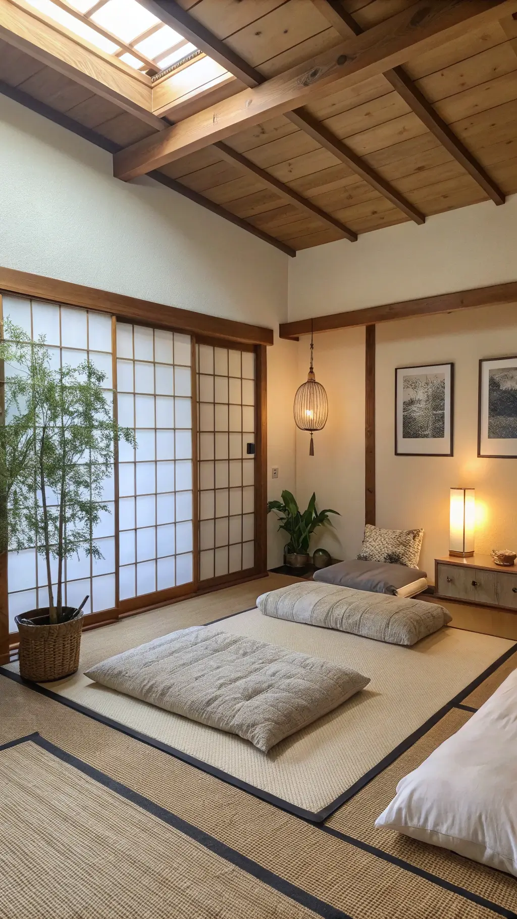 Zen-inspired minimalist bedroom with a low platform futon on tatami mats, sliding shoji screens, and a single potted bamboo plant. Cream walls (Sherwin Williams 'Alabaster') complement wood beam ceiling details. Natural fiber floor cushions and a simple brass floor lamp add warmth. Soft dawn light filters through screens, creating a meditative, balanced atmosphere.
