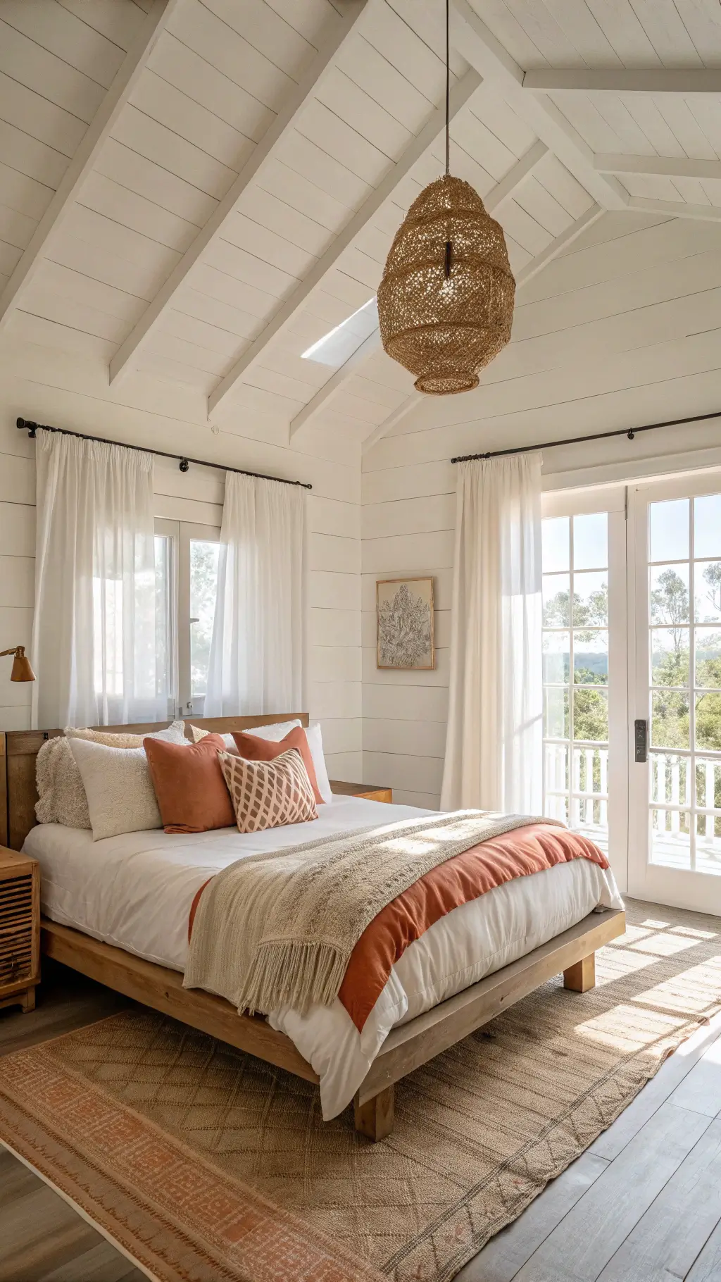 Sunlit 14x16ft bedroom with 10ft ceilings at golden hour. A teak platform bed sits against a white shiplap wall, dressed in white linen, beige throws, and coral wave-patterned pillows. Natural light filters through gauzy white curtains, casting soft shadows. A rattan pendant light hangs overhead, complementing the coastal palette of weathered woods, shell whites, and sea glass accents.