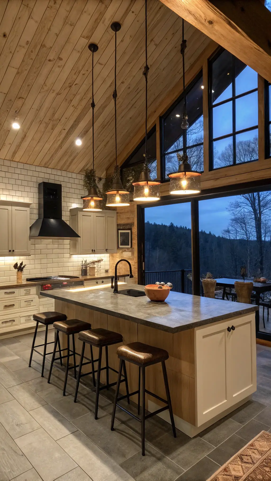 Modern-rustic cabin kitchen at twilight with vaulted ceiling. Soapstone counters contrast with honey-colored cabinets and matte cream subway tile backsplash. A live-edge maple slab island with industrial-style barstools sits under blackened bronze pendant lights. Vintage copper pots hang from a ceiling rack, casting dramatic shadows. Shot from an elevated angle, highlighting the workflow triangle.
