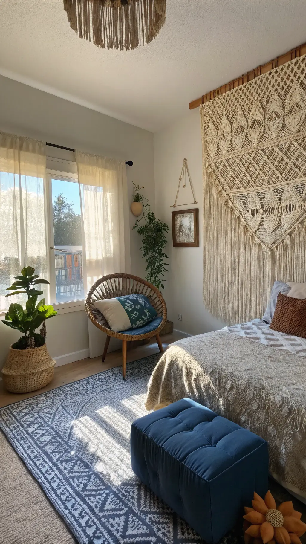 Wide-angle view of a 12x14ft boho bedroom with a macramé wall hanging above the bed, morning light casting shadows through bamboo blinds. A vintage rattan chair and indigo mudcloth ottoman form a cozy reading nook. Hanging plants frame the window, while shell wind chimes catch the light. Shot from the doorway, showcasing natural textures and full room depth.
