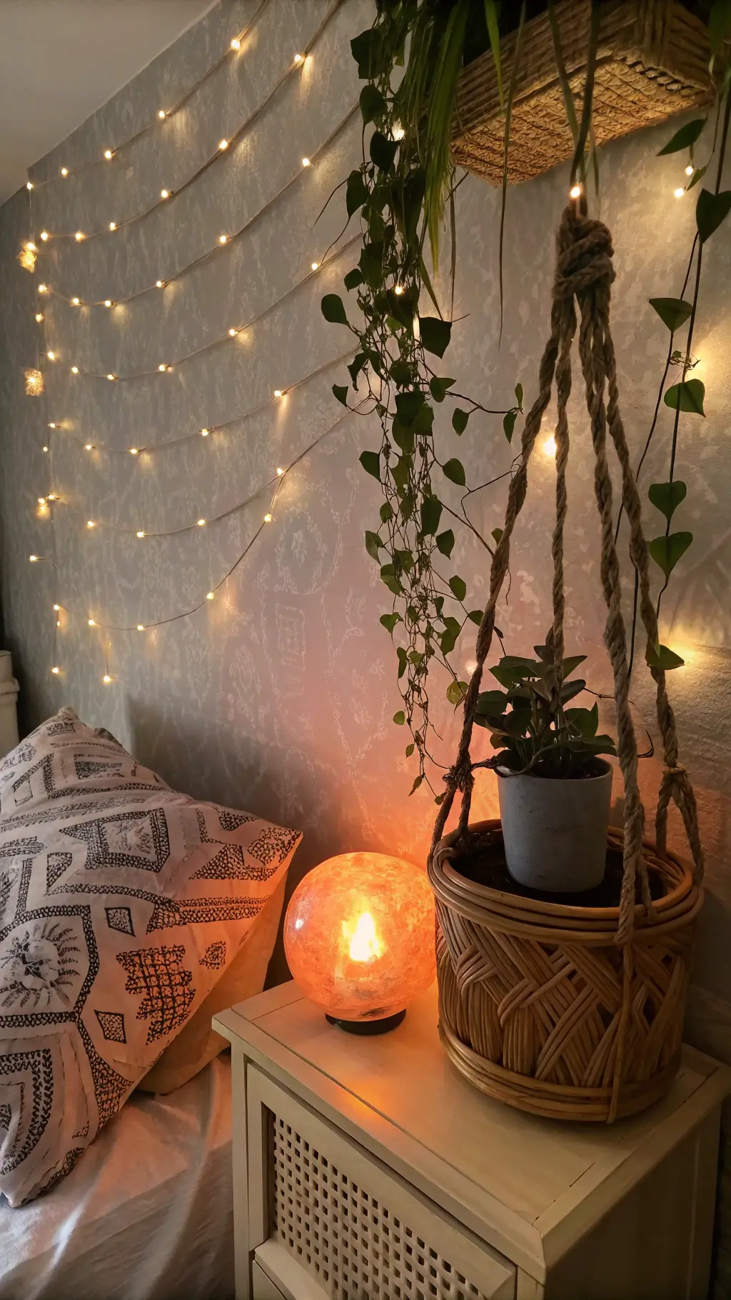 Boho bedroom corner at twilight with string lights casting a warm glow on textured wallpaper. A salt lamp on a rattan side table emits soft orange light. A macramé plant hanger holds a trailing vine. Cozy atmosphere emphasized by a low-angle shot.