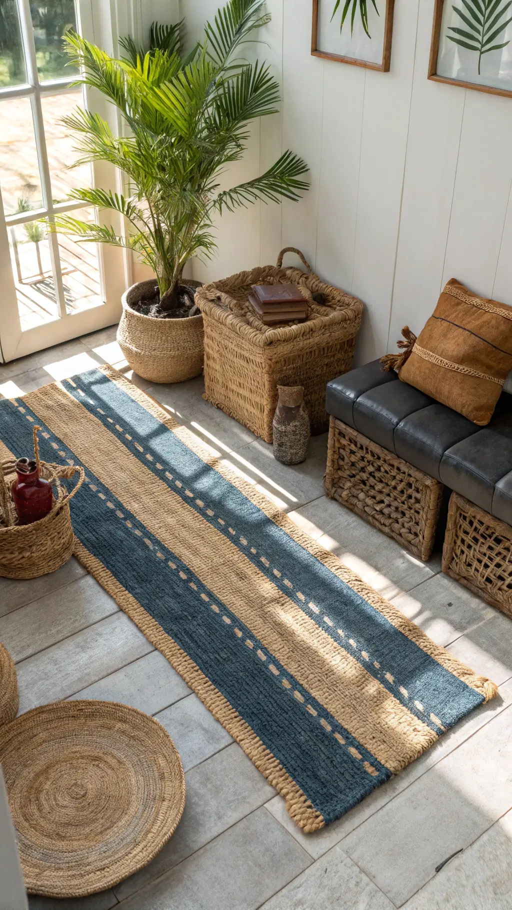 Overhead view of vintage layered rugs with a jute base and overdyed indigo runner, lit by late morning sun. Rattan storage baskets, a leather pouf, and a potted palm add texture and warmth to the space.