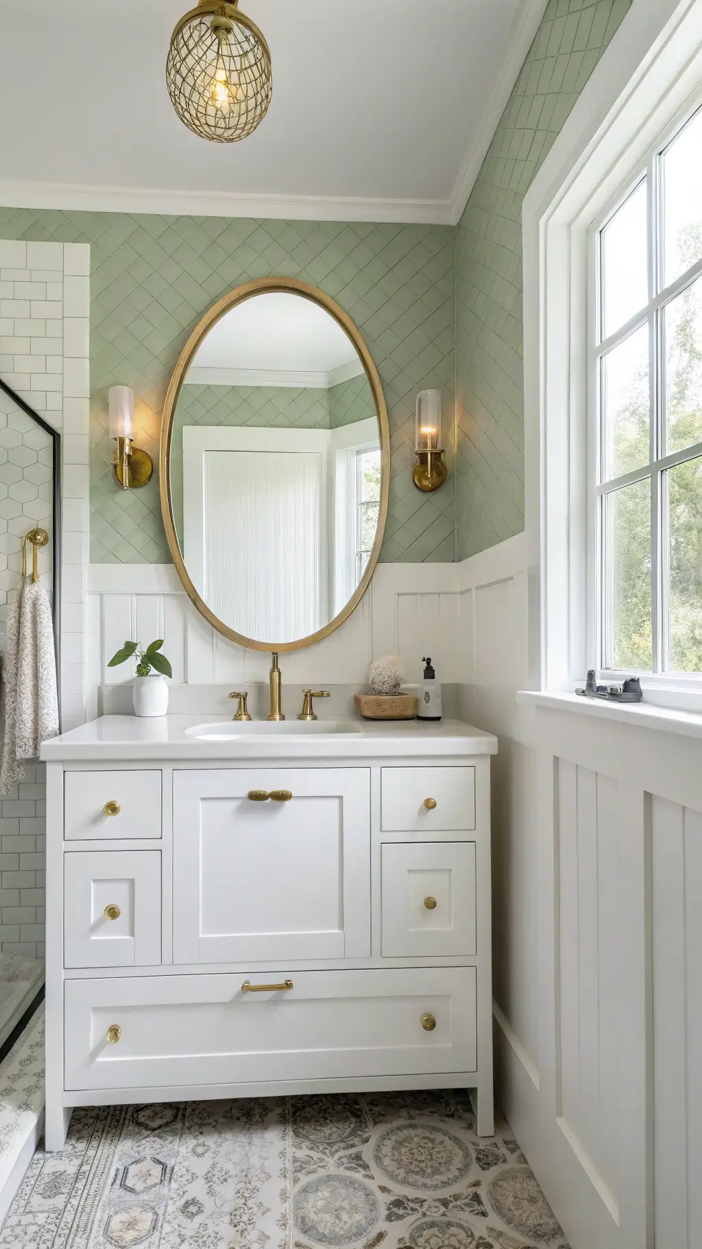 A sunlit 5x7ft minimalist bathroom with a floating white vanity, brushed brass hardware, and a circular gold-framed mirror. Early morning light filters through a frosted window, highlighting white subway tiles and a sage green accent wall. Modern wall sconces add warmth, enhancing the interplay of natural and artificial light.
