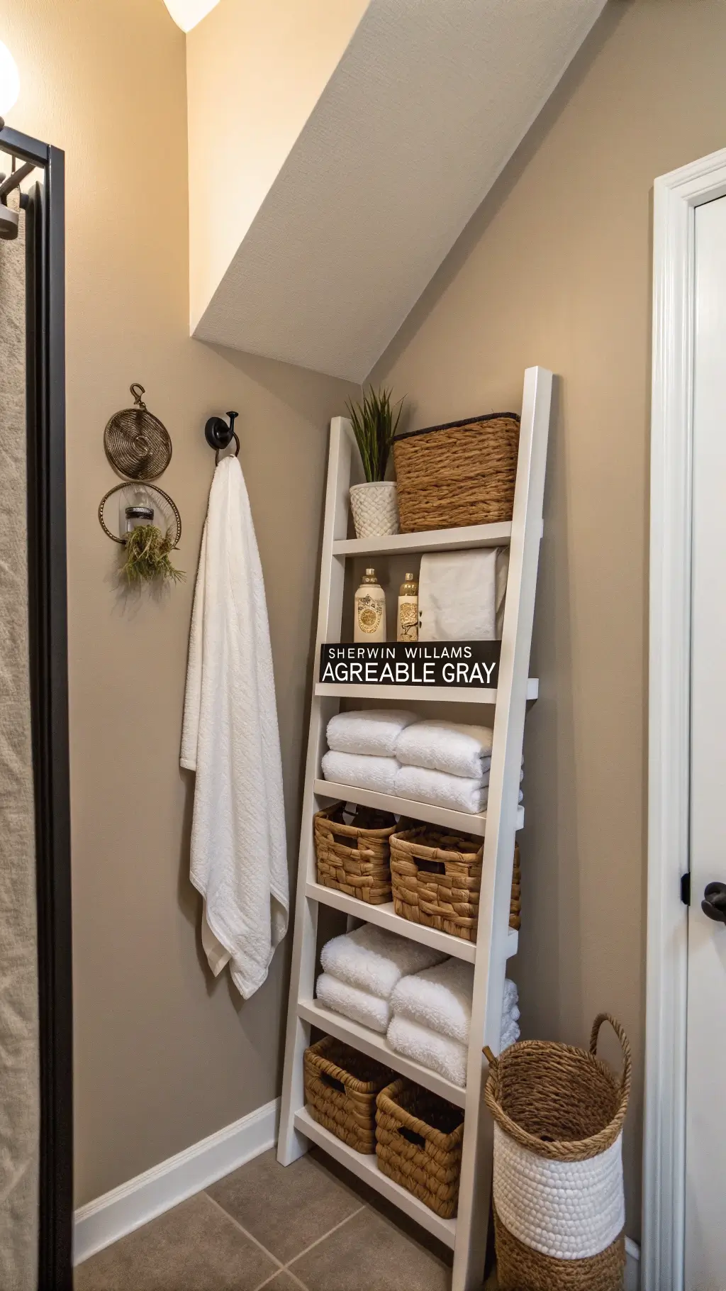 Compact bathroom corner with vertical storage. Three matte black towel hooks on a greige wall (Sherwin Williams 'Agreeable Gray'). A tall white wooden ladder shelf holds rolled white towels and woven baskets. Warm late afternoon light enhances the modern farmhouse aesthetic.