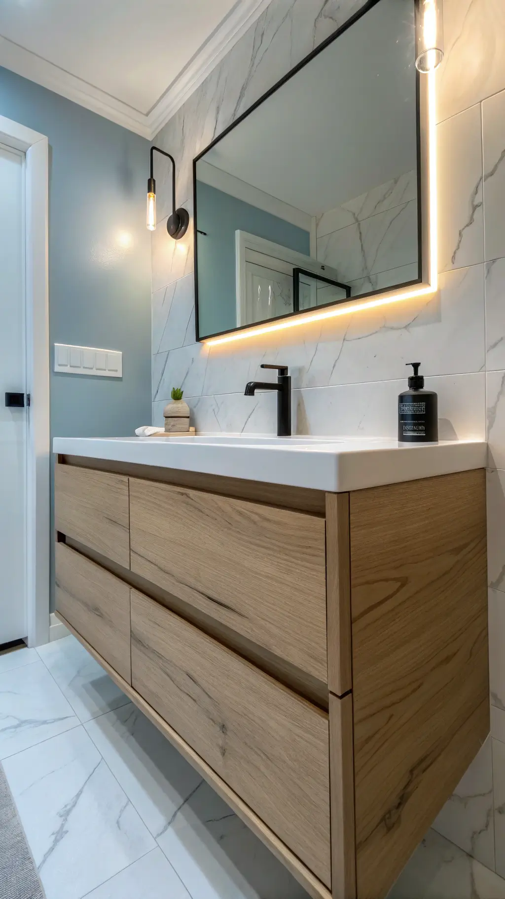 Close-up of a floating white oak bathroom vanity with LED underlighting, set against pale blue walls and marble-look porcelain tiles. A matte black faucet contrasts with the soft, artificial lighting.