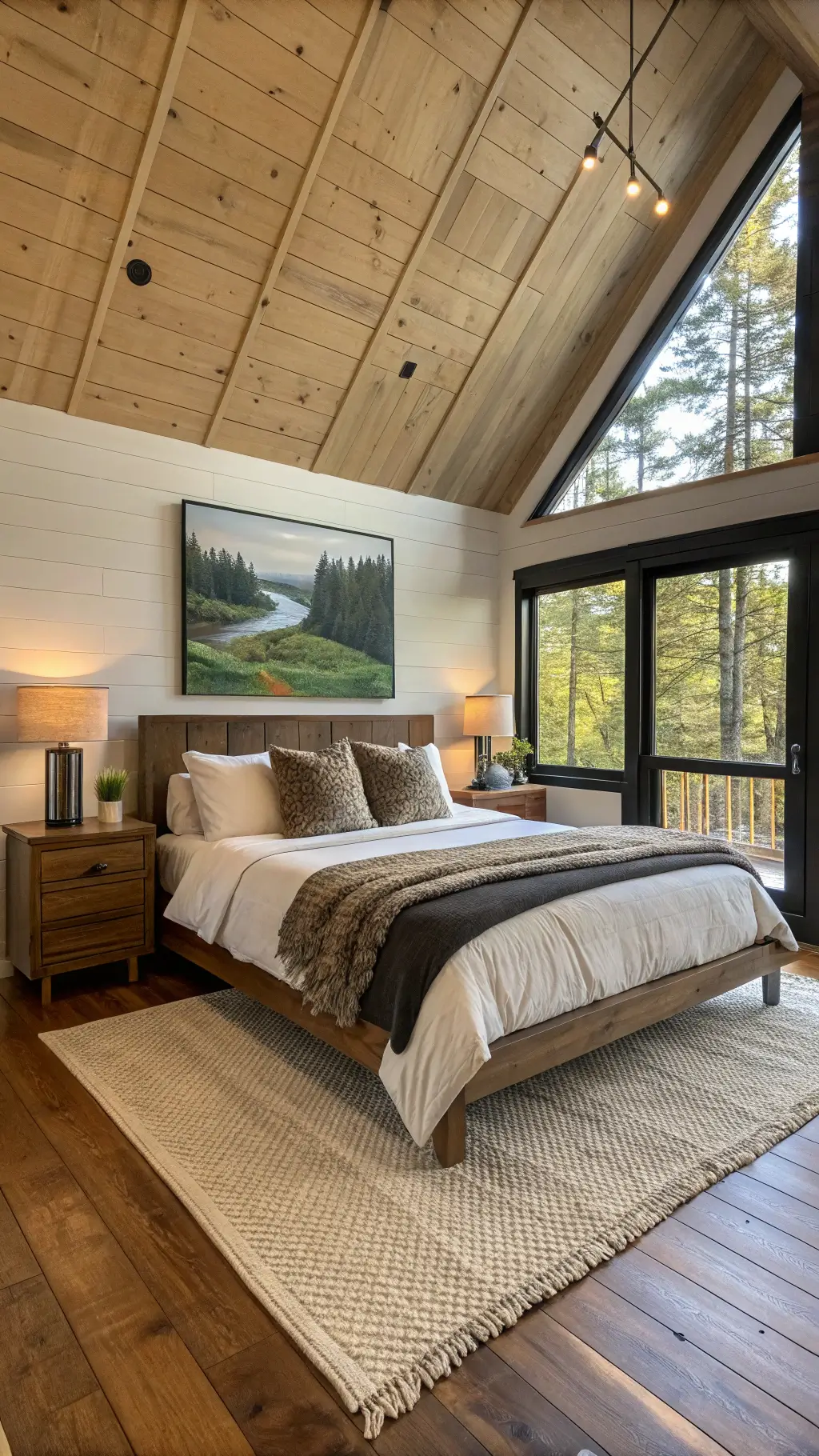 Cabin master bedroom at sunrise with angled ceiling. King-size blackened oak platform bed with white linen, earth-toned wool blankets, and faux fur throws. Matching live-edge nightstands, oversized abstract landscape artwork above bed in greens and browns. Jute rug over hardwood floors. Morning light streaming through windows. Wide-angle view from doorway.