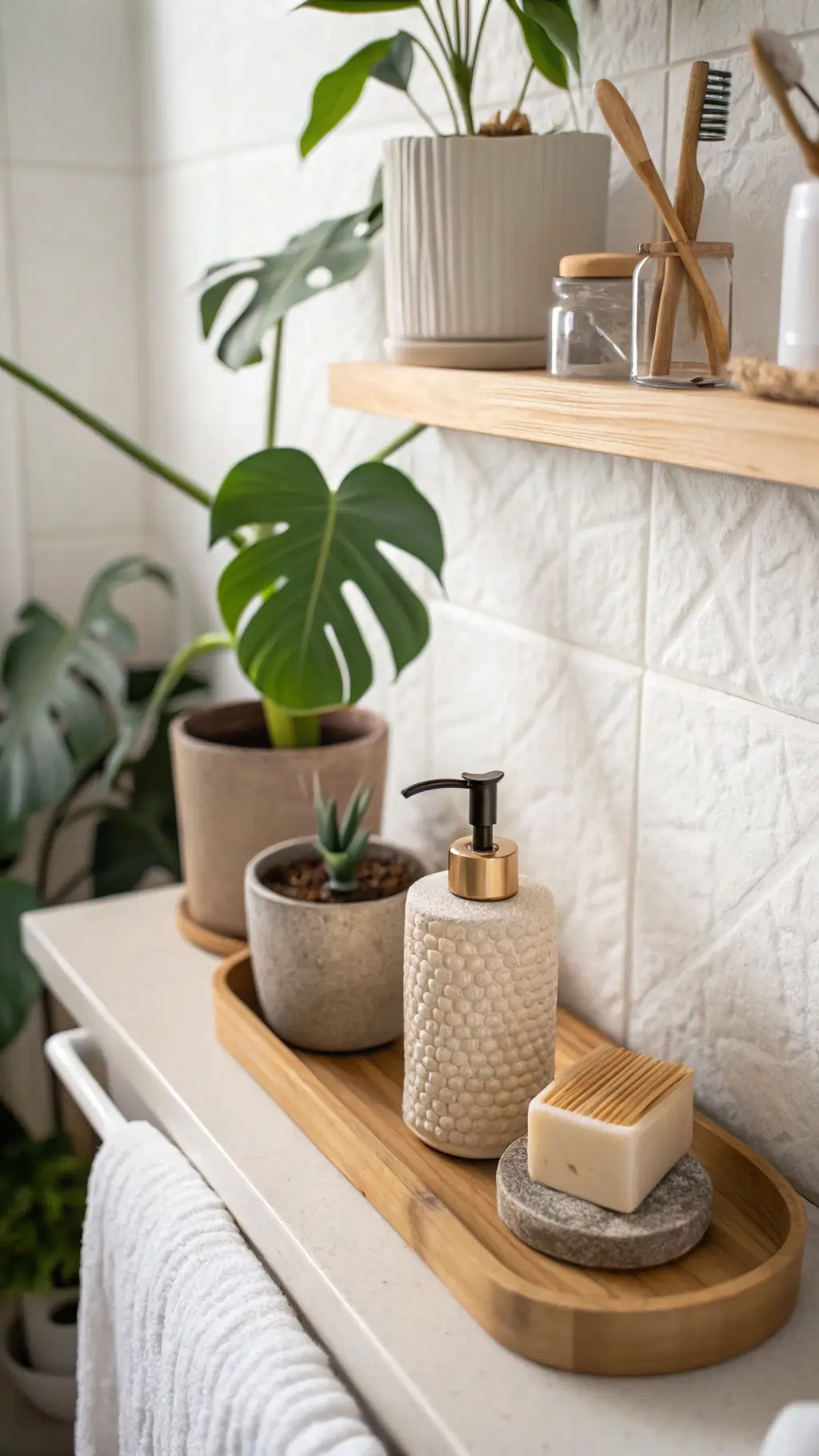 Close-up of a stylish bathroom display with a small potted monstera, ceramic soap dispenser, and bamboo bath accessories on a floating shelf against textured white walls, bathed in natural morning light.